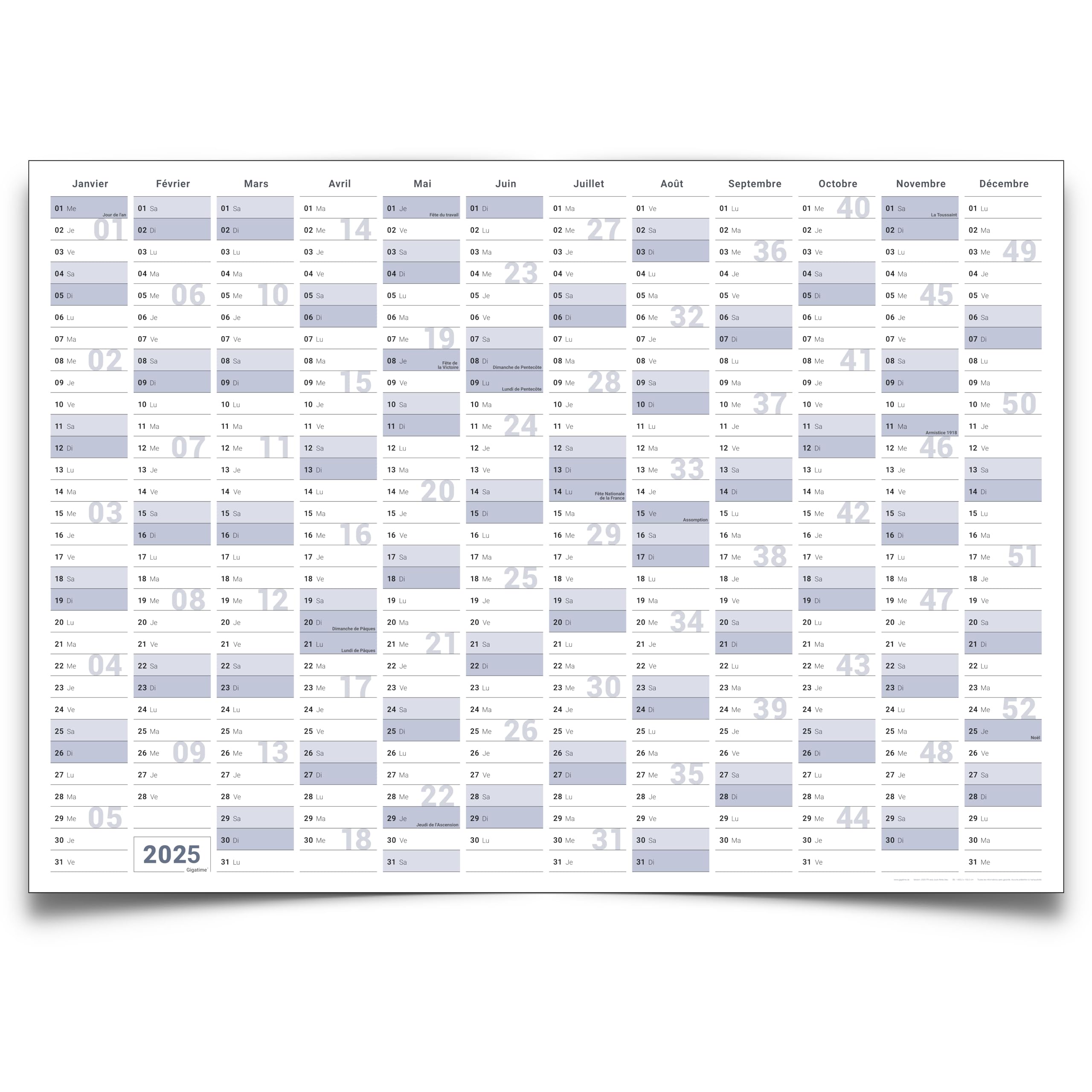 1 Calendrier mural/organiseur annuel 2025 Format : DIN B0 140.0 x 100.0 cm, bleu/gris, effaçable à l'eau avec 4 marqueurs non-permanents avec éponge - français