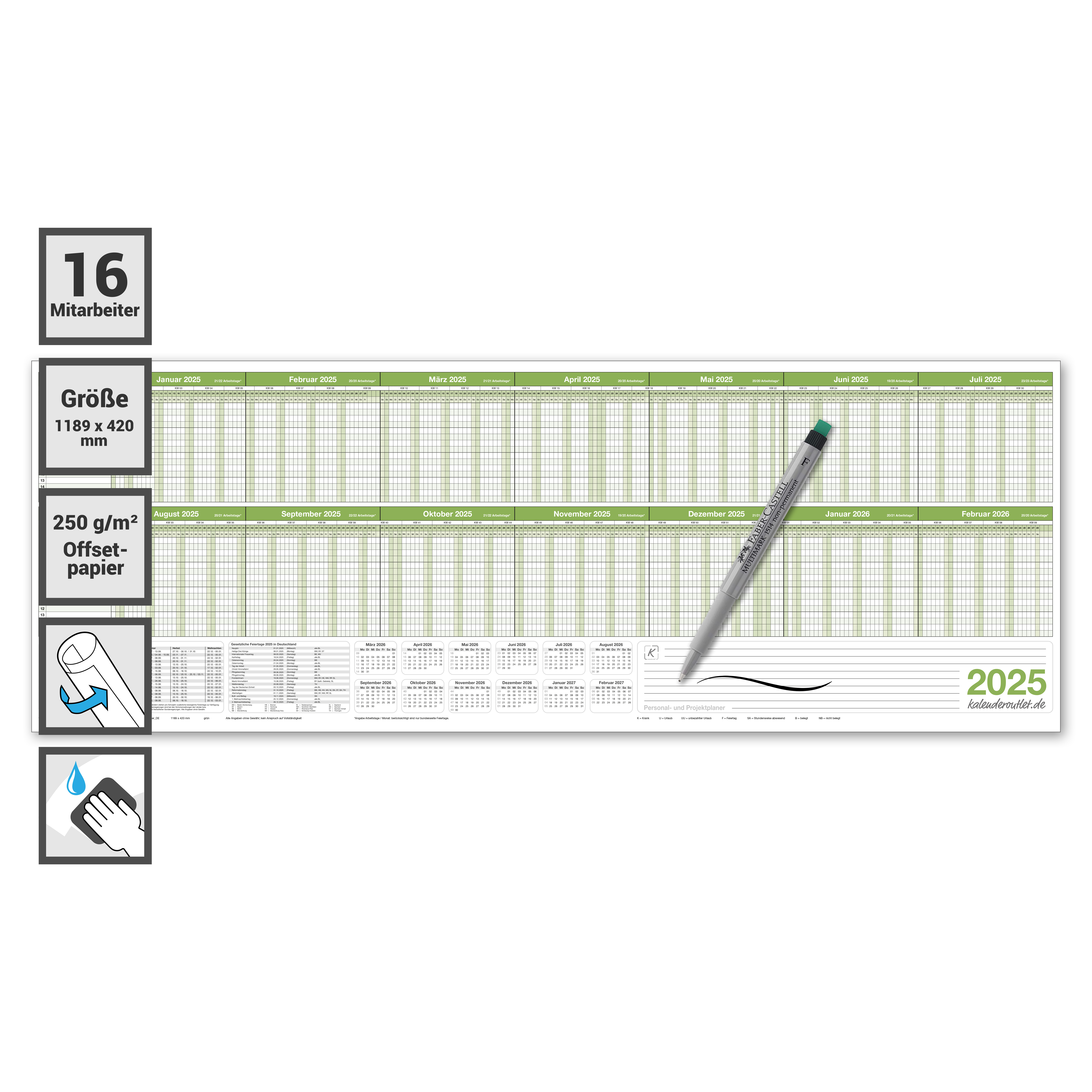 Personalplaner Urlaubsplaner 2025 feucht abwischbar 118,8 x 42,0 cm für bis zu 16 Mitarbeiter grün GEROLLT