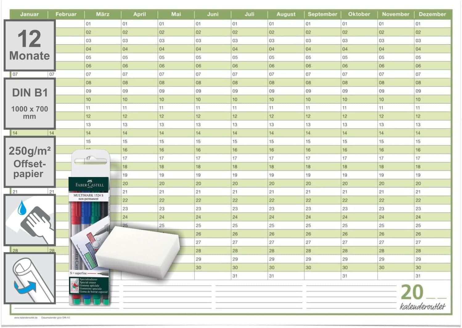 Mega Dauerkalender, super groß, DIN B1 , 250 gr. Premium Qualitätspapier, feucht abwischbar mit 4 Faber-Castell non-permanent Markern