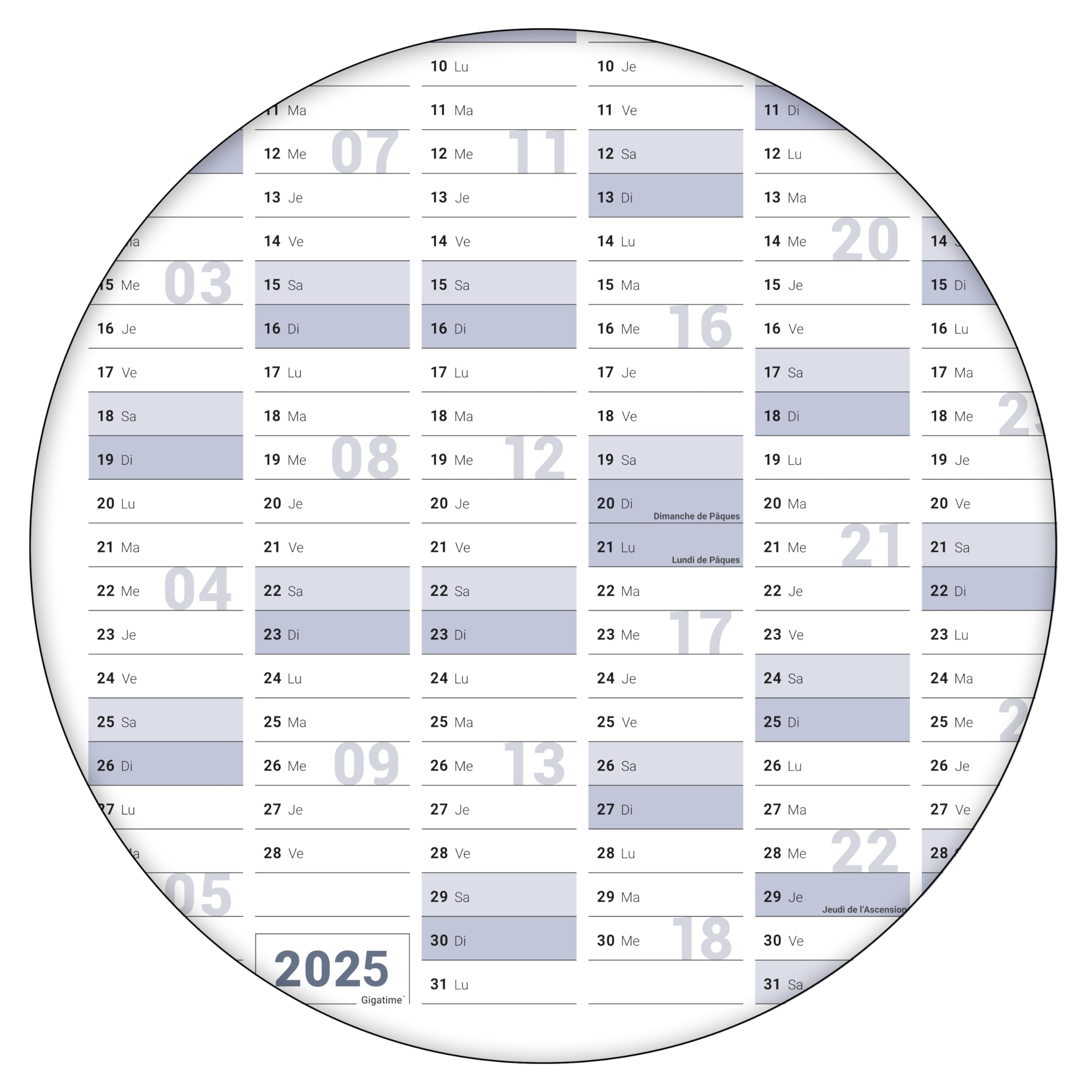 1 Calendrier mural/organiseur annuel 2025 Format : DIN B0 140.0 x 100.0 cm, bleu/gris, effaçable à l'eau avec 4 marqueurs non-permanents avec éponge - français