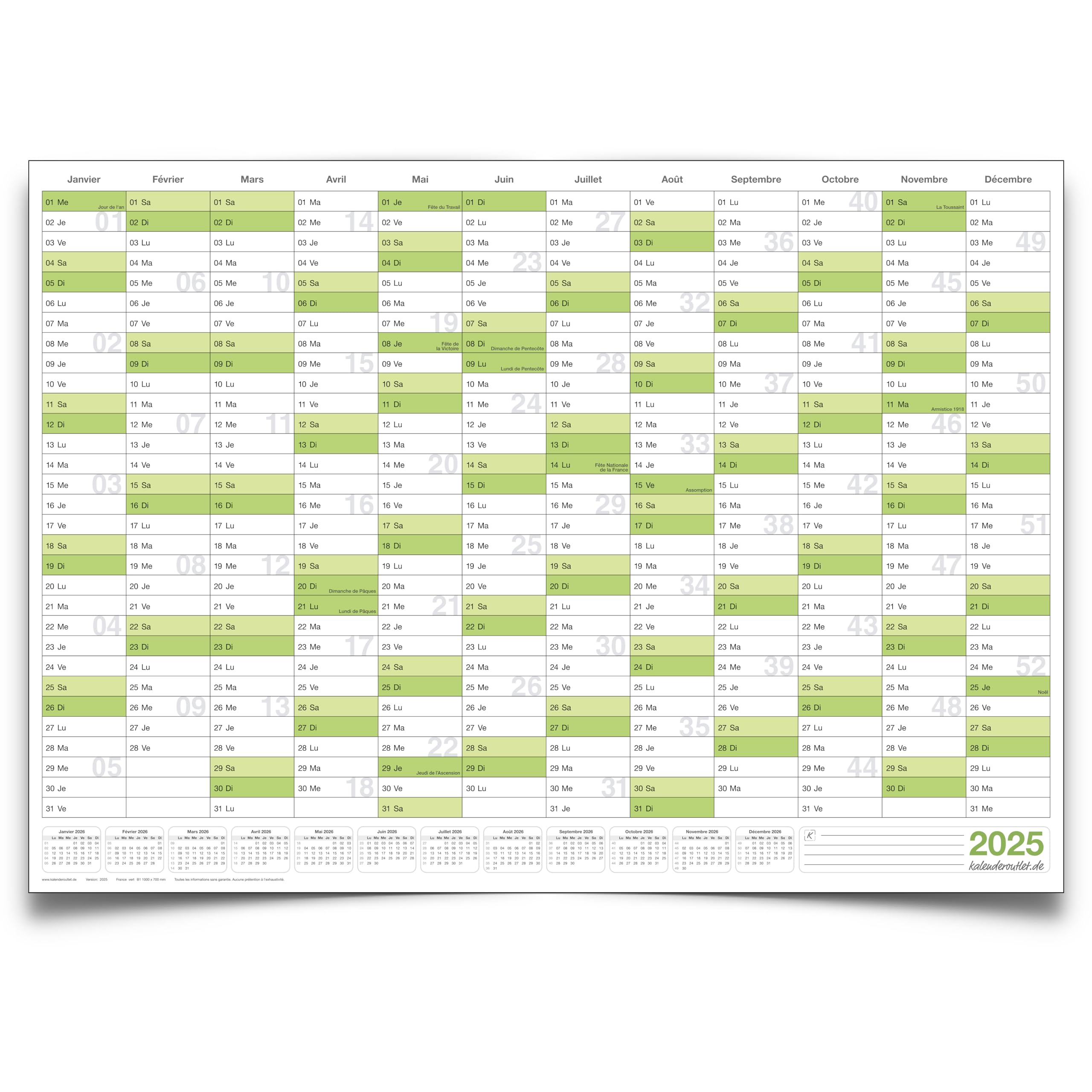 1 Agenda mural effaçable Calendrier mural planner vert 2025 (100,0 x 70,0 cm avec 1 x 4 marqueurs) enroulé - calendrier mural, calendrier annuel, calendrier - français