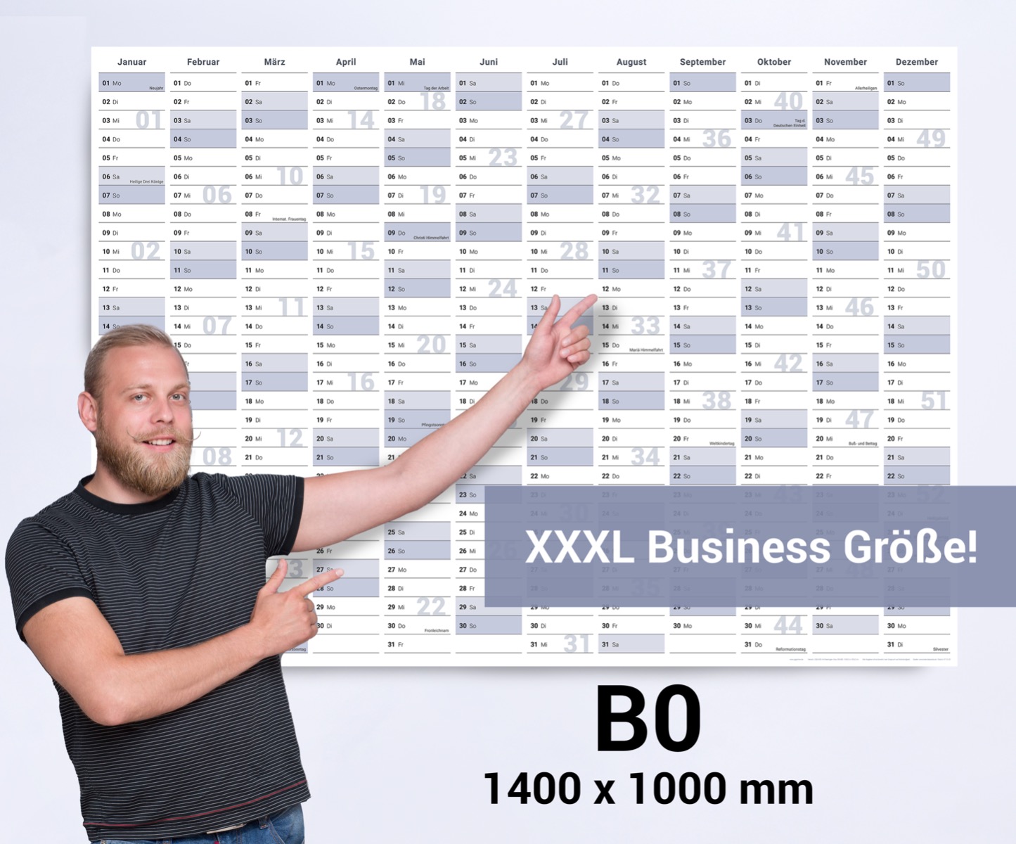 Abwischbarer XXL Jahresplaner Wandkalender 2025. Wandplaner gerollt 140x100cm gross DIN B0 inklusive 4er Stifte-Set, Schwamm. Jahreskalender 2025, Kalender - deutsche Sprache - von Gigatime|