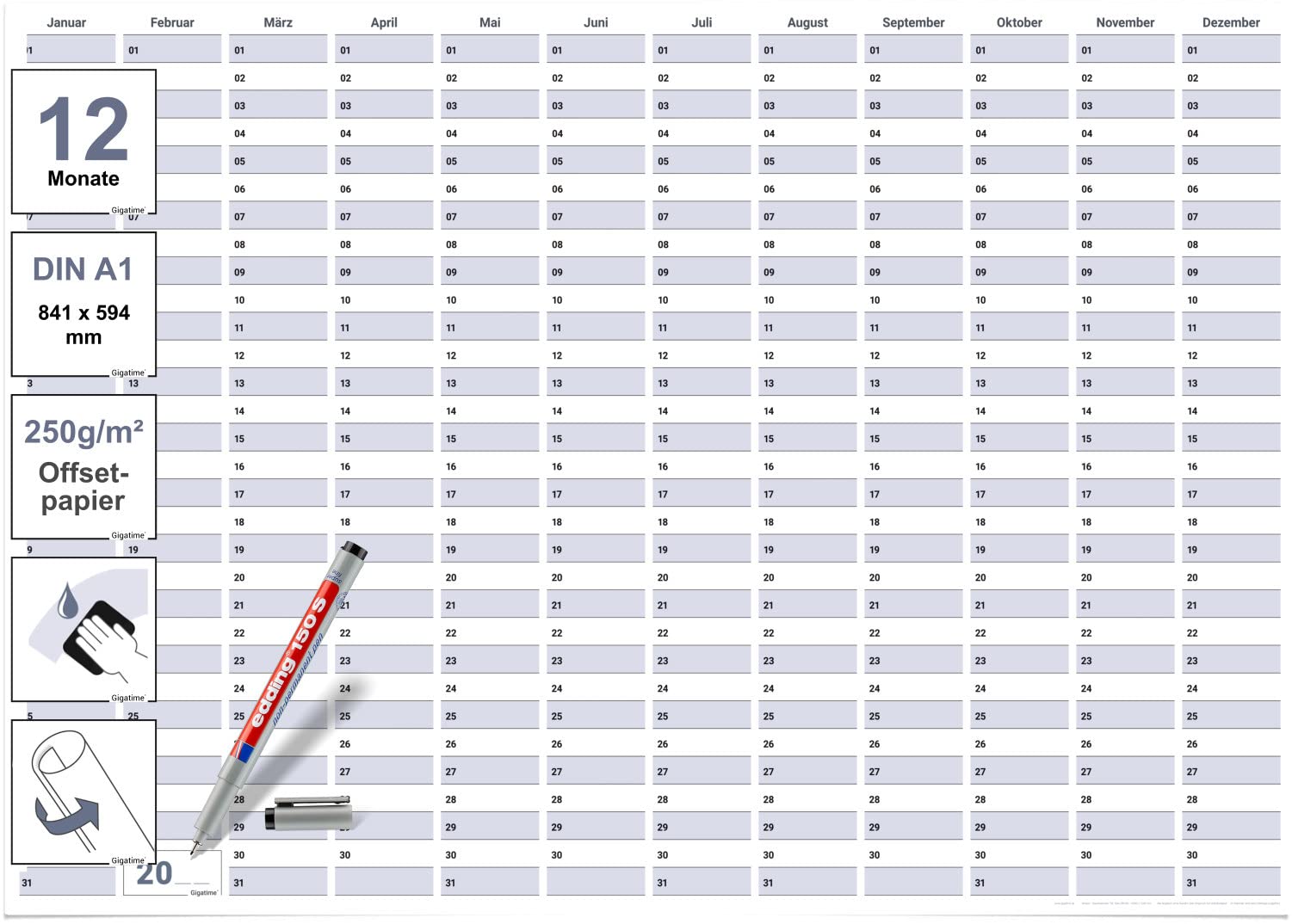 Dauerkalender / Geburtstagskalender Format DIN A1 84,0 x 59,4 cm mit Marker dauerhaft wiederverwendbar, Jahresplaner abwischbar - deutsch