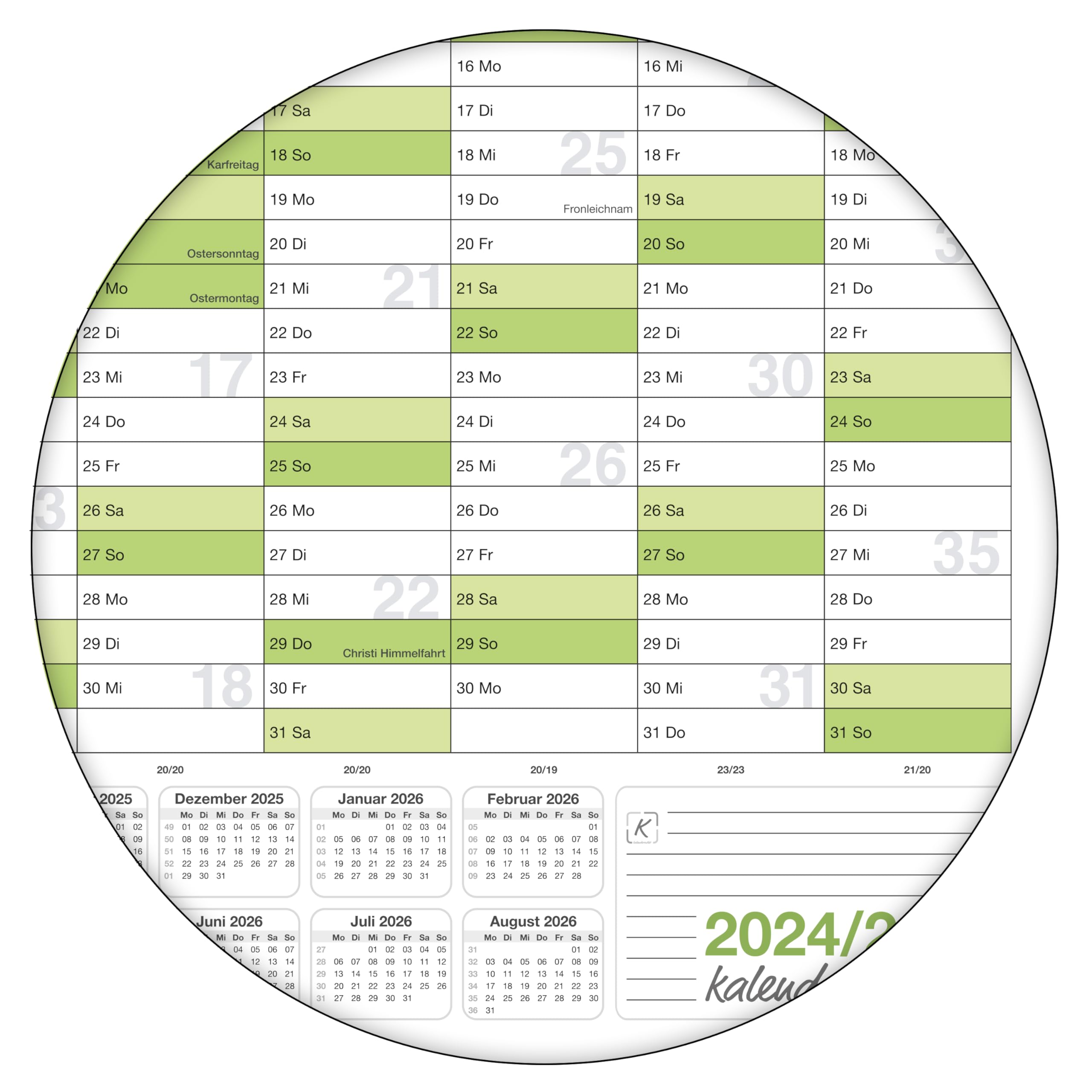 Abwischbarer Schülerkalender 2024/2025 grün inkl.1 Marker DIN A2 59,4x42,0cm 250g Papier gerollt Schuljahreskalender Kalender für Schüler und Lehrer Schulkalender Wandkalender. Deutsche Sprache