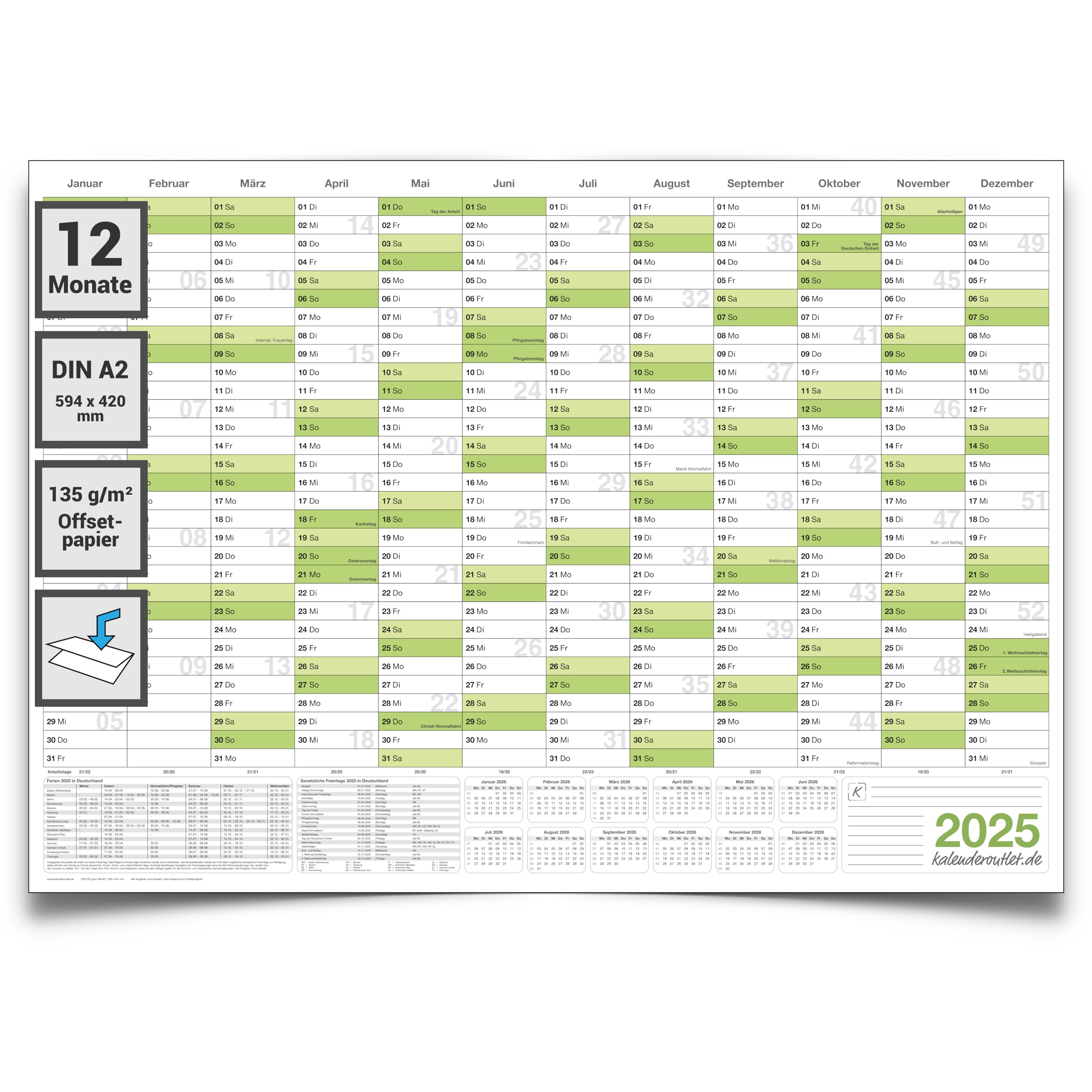 Wandkalender 2025 Jahresplaner Format: 59,4 x 42,0cm – DIN A2 - GEFALTET – Wandplaner, Jahreskalender, Kalender, Poster Plakat - deutsch