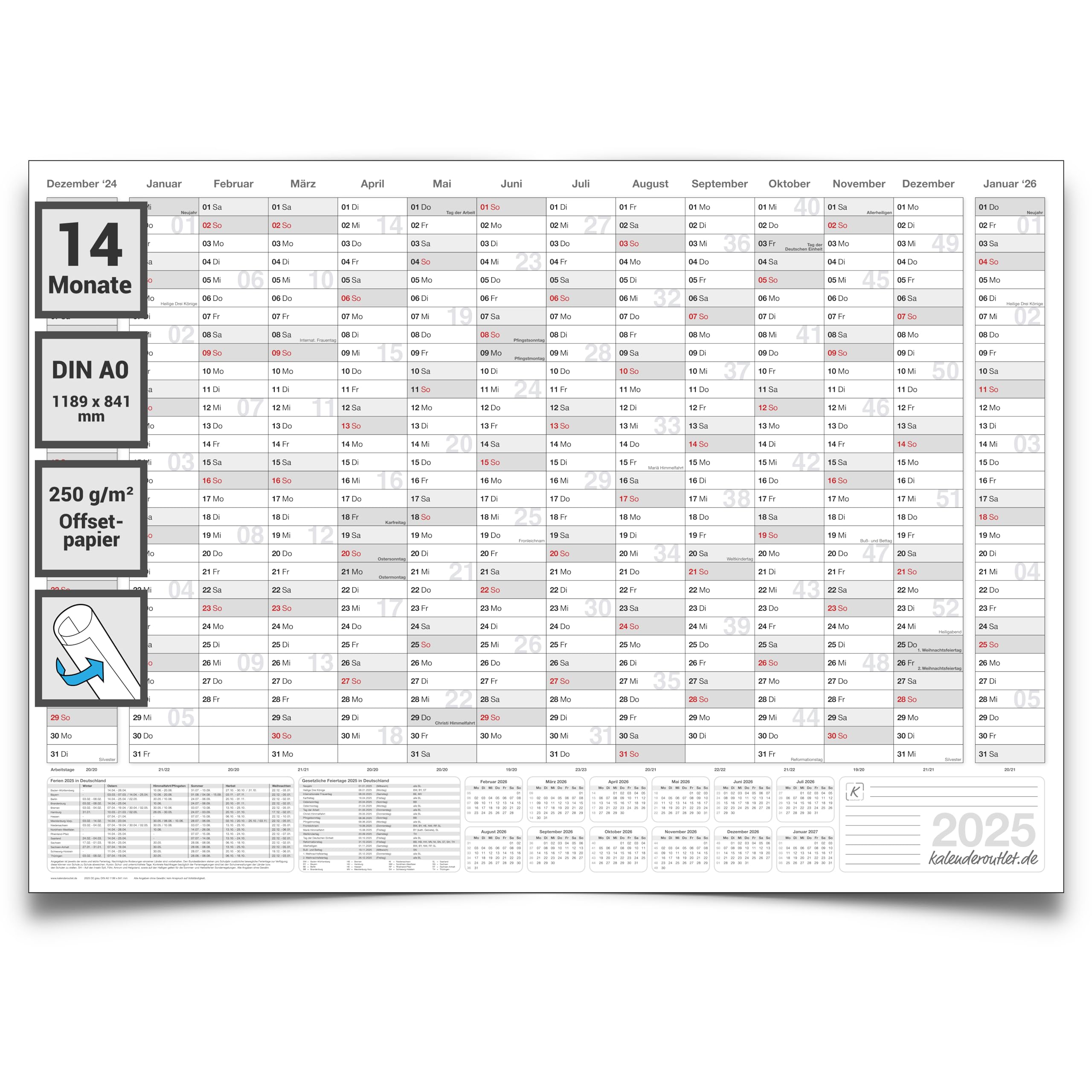 XL Wandkalender 2025 mit 14 Monaten Übersicht Jahresplaner grau Format: 118,8x84,0cm DIN A0 GEROLLT – Wandplaner, Jahreskalender, Poster Plakat - deutsch
