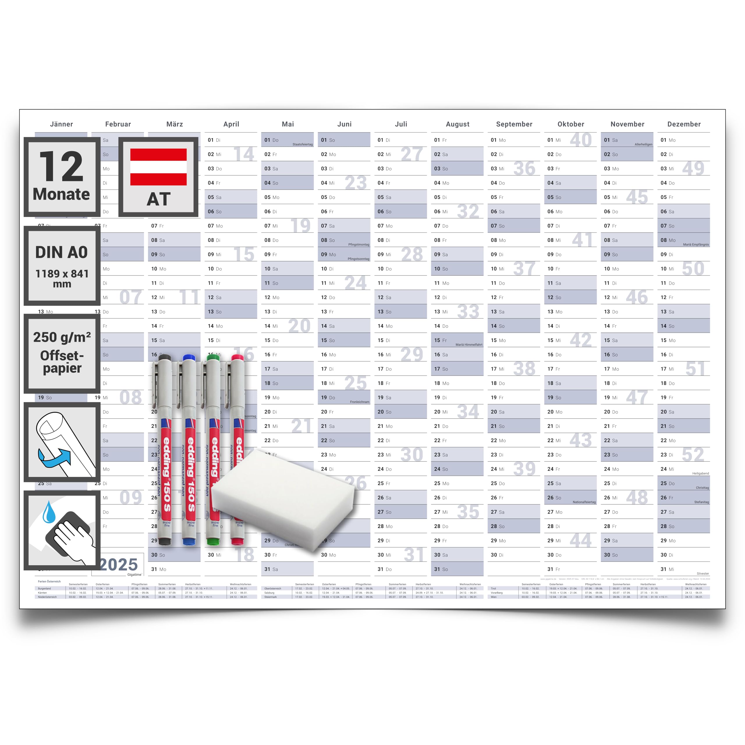 Gigatime ® Din A0 1x Österreichische Wandkalender, Jahresplaner 2025 118,8 x 84,0 cm xxl groß blaugrau feucht abwischbar mit 1 x 4 non permanent Markern und Schwamm