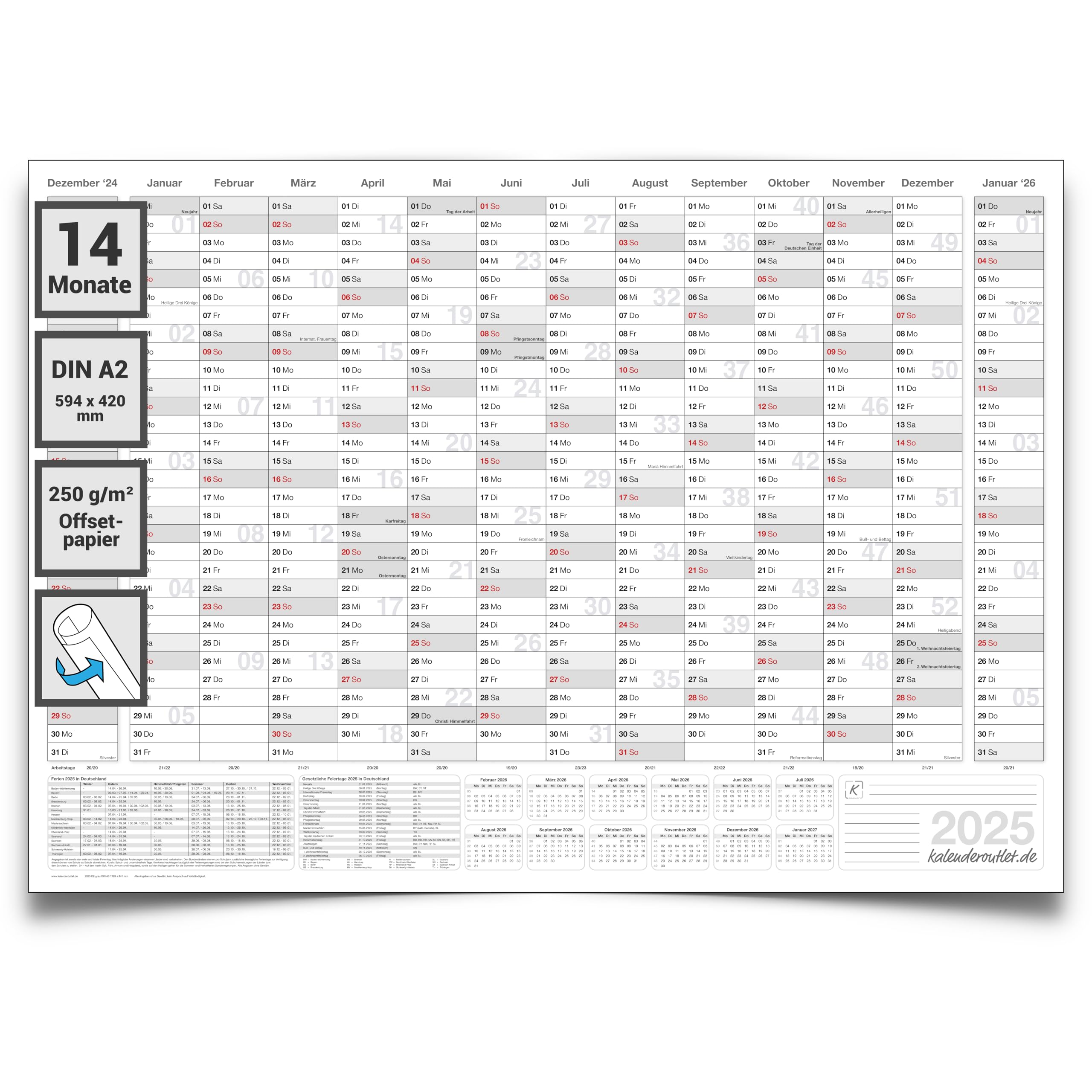 Wandkalender 2025 mit 14 Monaten Übersicht Jahresplaner grau Format: 59,4x42,0cm – DIN A2 – Wandplaner, Jahreskalender, Poster Plakat - deutsch