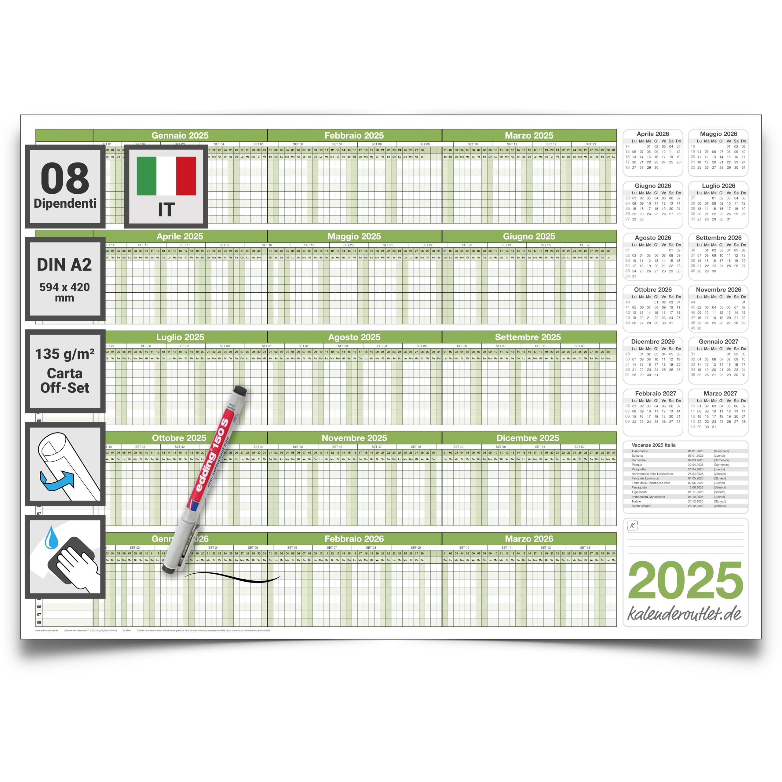 Kalenderoutlet Pianificatore del Personale per 8 Dipendenti 2025 DIN A2, Riutilizzabile con 1 Pennarello Non Permanente