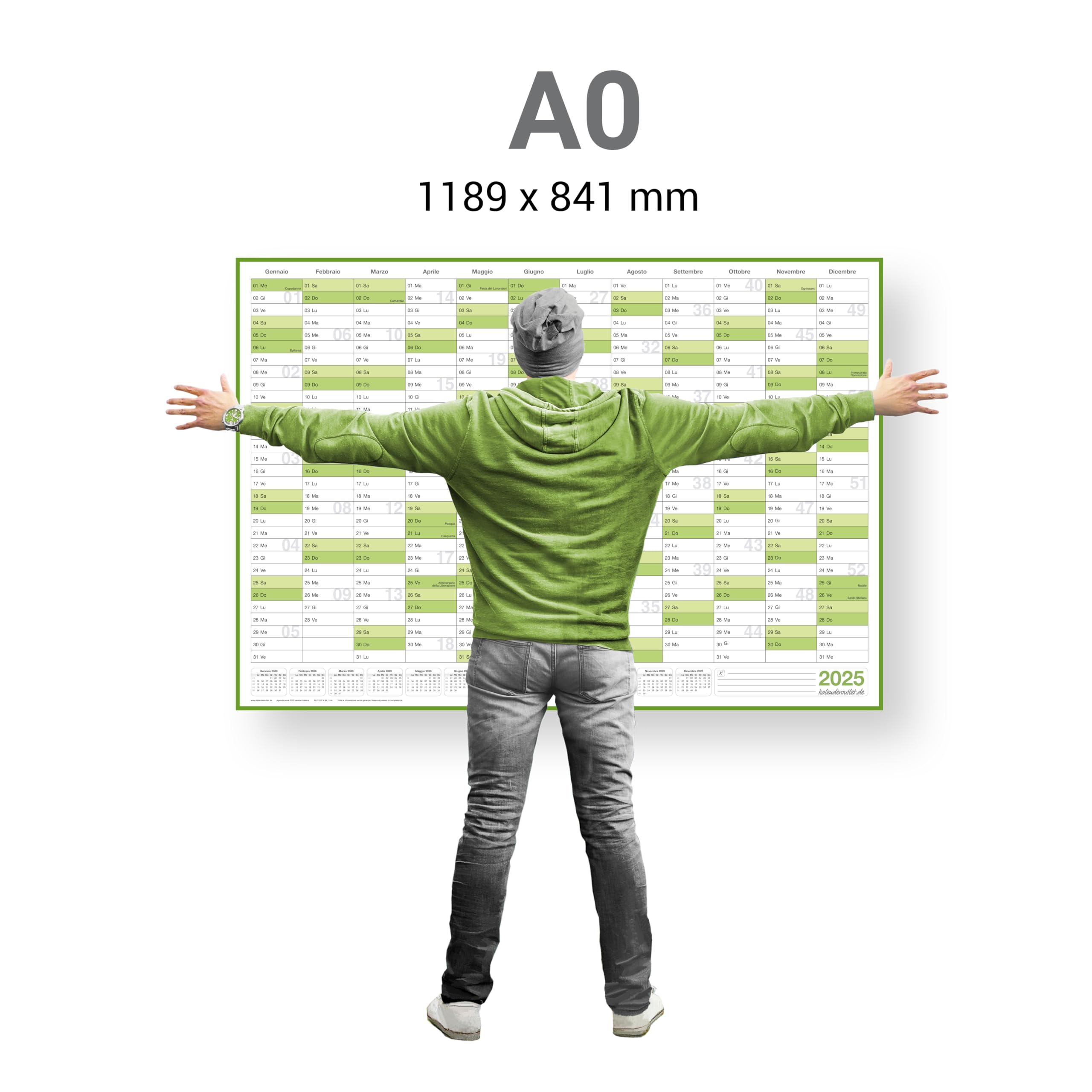 Abwischbarer XL Jahresplaner Wandkalender 2025. Wandplaner gerollt 118,8 x 84,0 cm gross DIN A0 inklusive 4 Marker. Jahreskalender 2025, Kalender - deutsche Sprache - von Gigatime