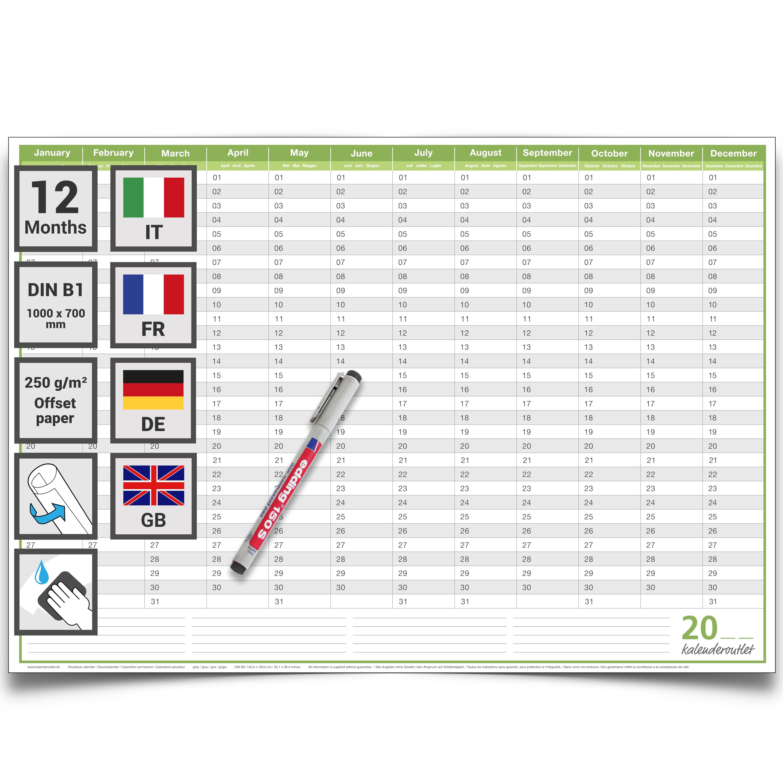 Abwischbarer Dauerkalender Geburtstagskalender immerwährender ewiger Kalender Jahresplaner (100x70cm - DIN B1) inkl. 1 Marker - GEROLLT –viersprachig 