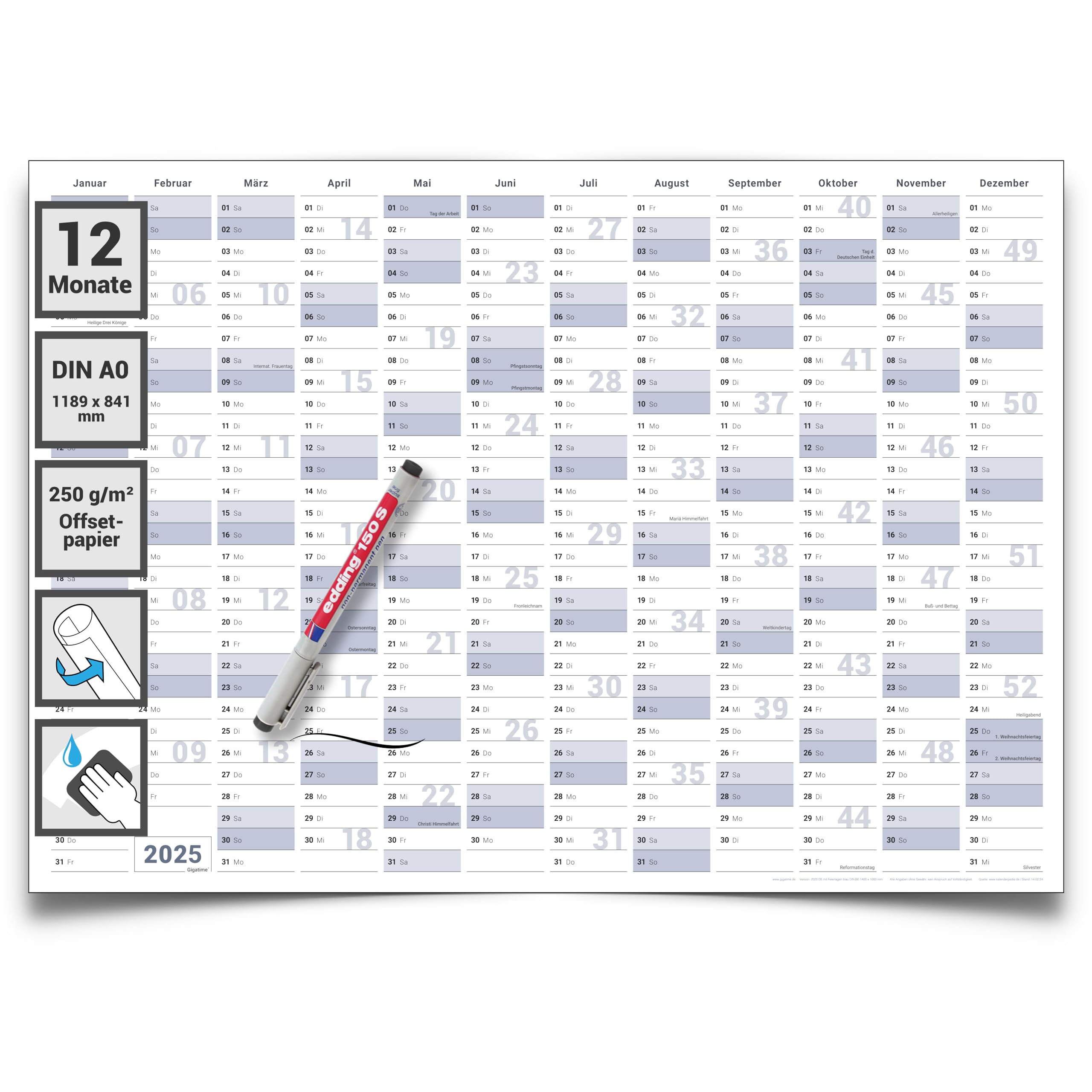 Abwischbarer XL Jahresplaner Wandkalender 2025. Wandplaner gerollt 118,8 x 84,0 cm gross DIN A0 inklusive 1 Marker. Jahreskalender 2025, Kalender - deutsche Sprache - von Gigatime