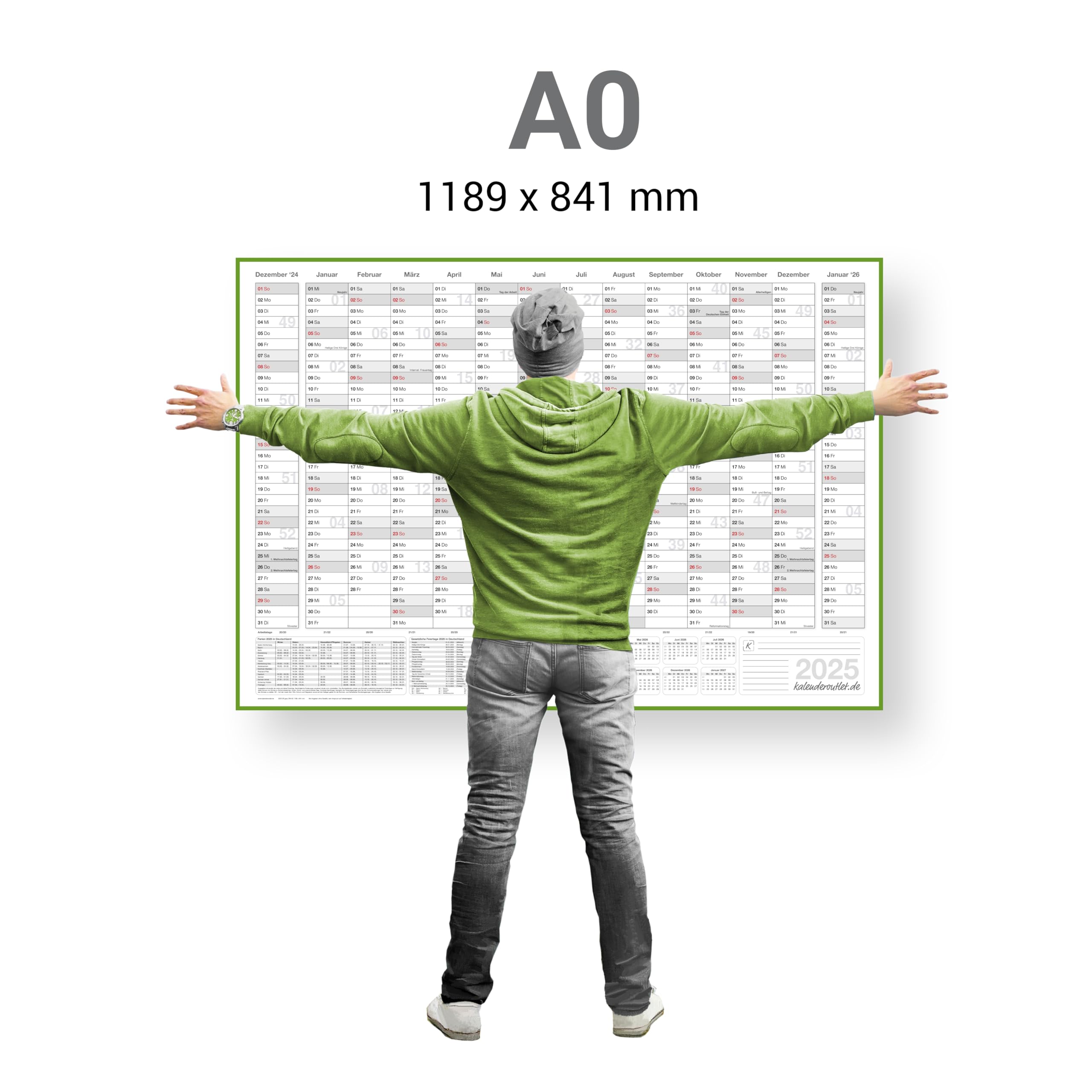 XL Wandkalender 2025 mit 14 Monaten Übersicht Jahresplaner grau Format: 118,8x84,0cm DIN A0 GEROLLT – Wandplaner, Jahreskalender, Poster Plakat - deutsch