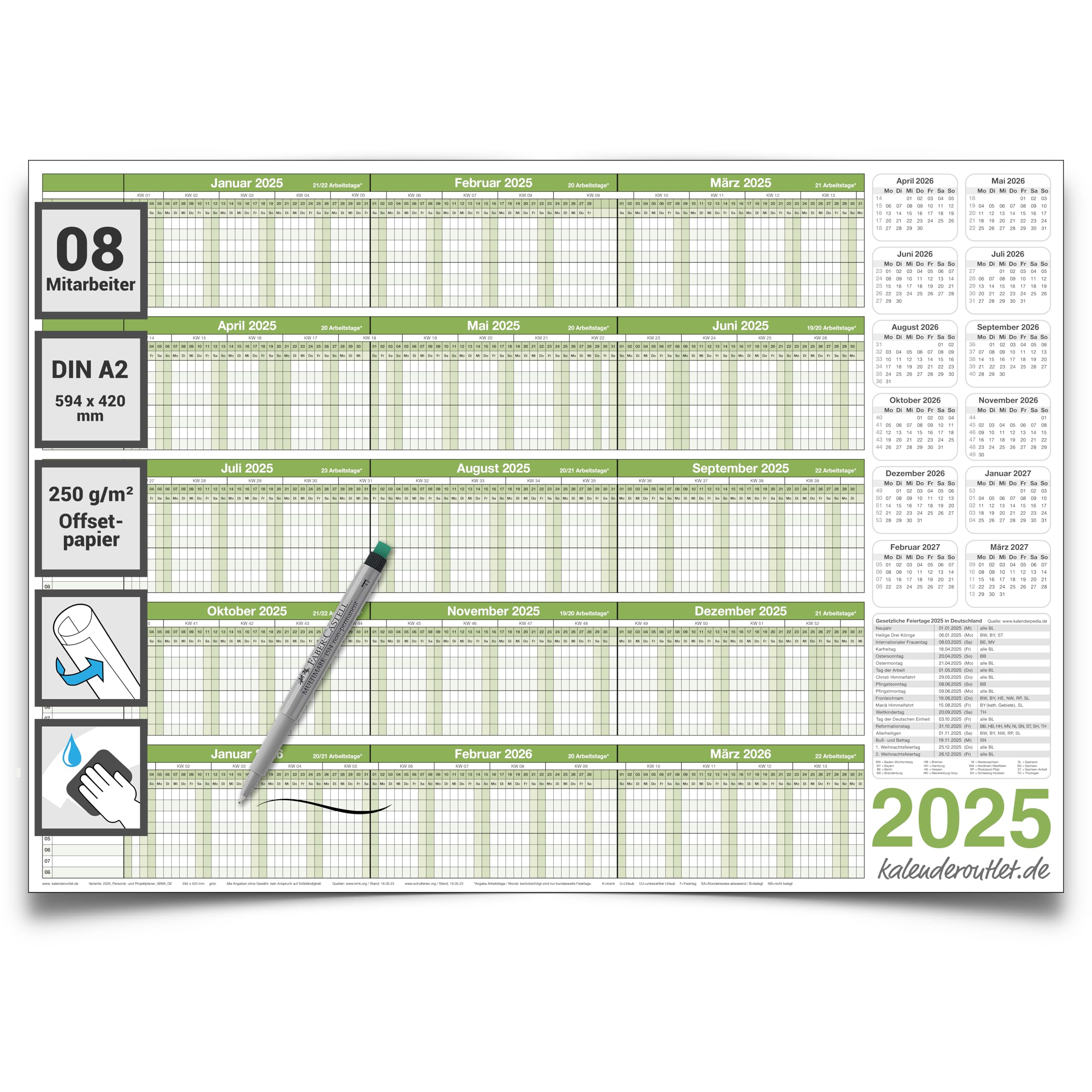 Personalplaner Urlaubsplaner 2025/26 Planer ist feucht abwischbar DIN A2 59,4 x 42,0 CM für bis zu 8 Mitarbeiter mit 1 non-permanent Marker GEROLLT