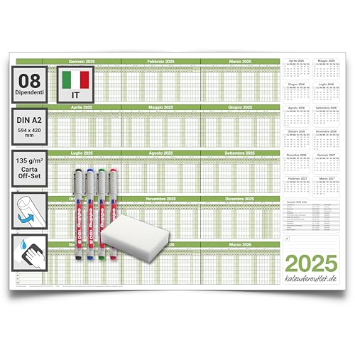 Kalenderoutlet Agenda per il personale per 8 dipendenti 2025, DIN A2 riutilizzabile con 4 pennarelli non permanenti e spugna