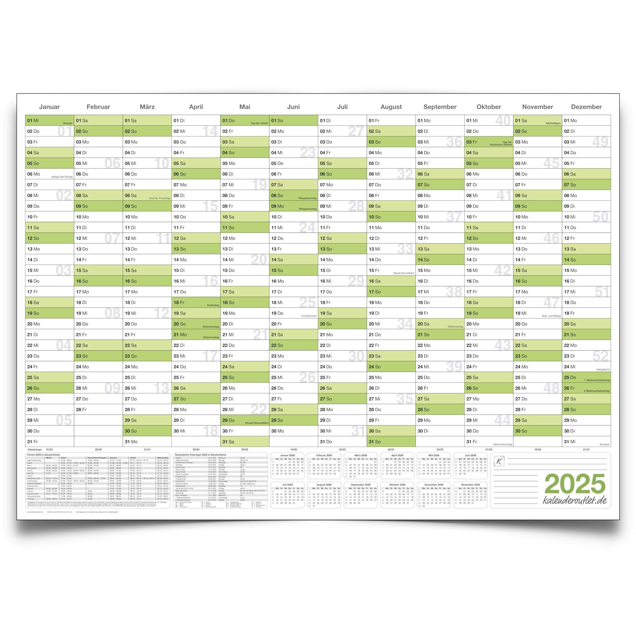 Wandkalender feucht abwaschbar 2025 Jahresplaner grün Format: 59,4x42,0cm DIN A2 inkl. 4 Markern - GEROLLT – Wandplaner, Jahreskalender, Kalender, Poster Plakat - deutsch