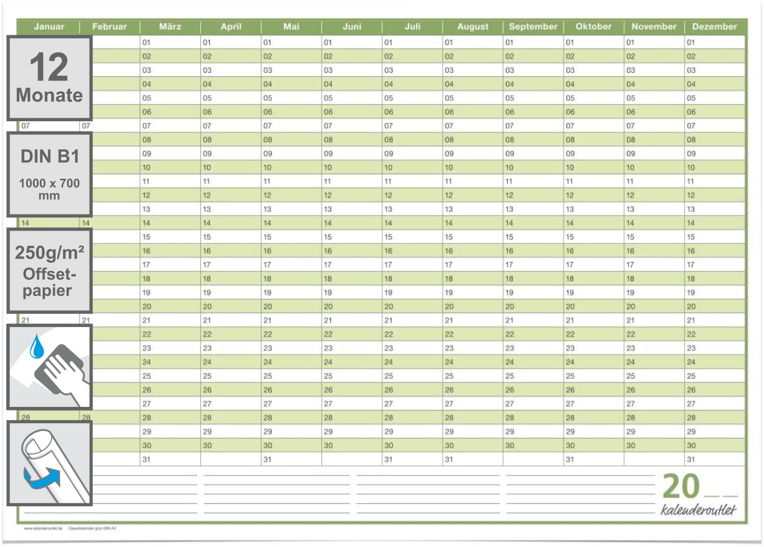 Mega Dauerkalender, super groß, DIN B1 , 250 gr. Premium Qualitätspapier, feucht abwischbar, praktisch und schön
