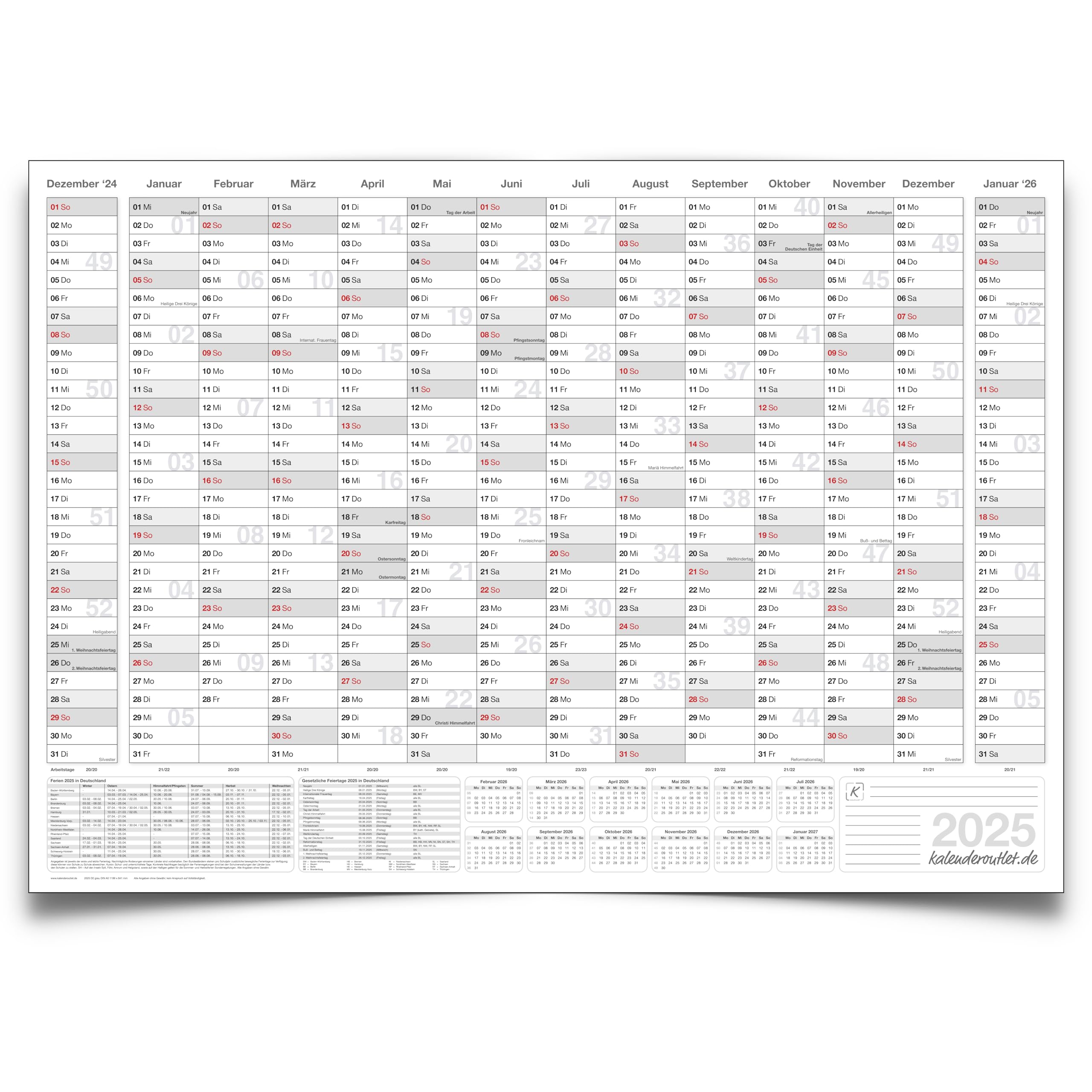 Wandkalender 2025 mit 14 Monaten Übersicht Jahresplaner grau Format: 59,4x42,0cm – DIN A2 – Wandplaner, Jahreskalender, Poster Plakat - deutsch