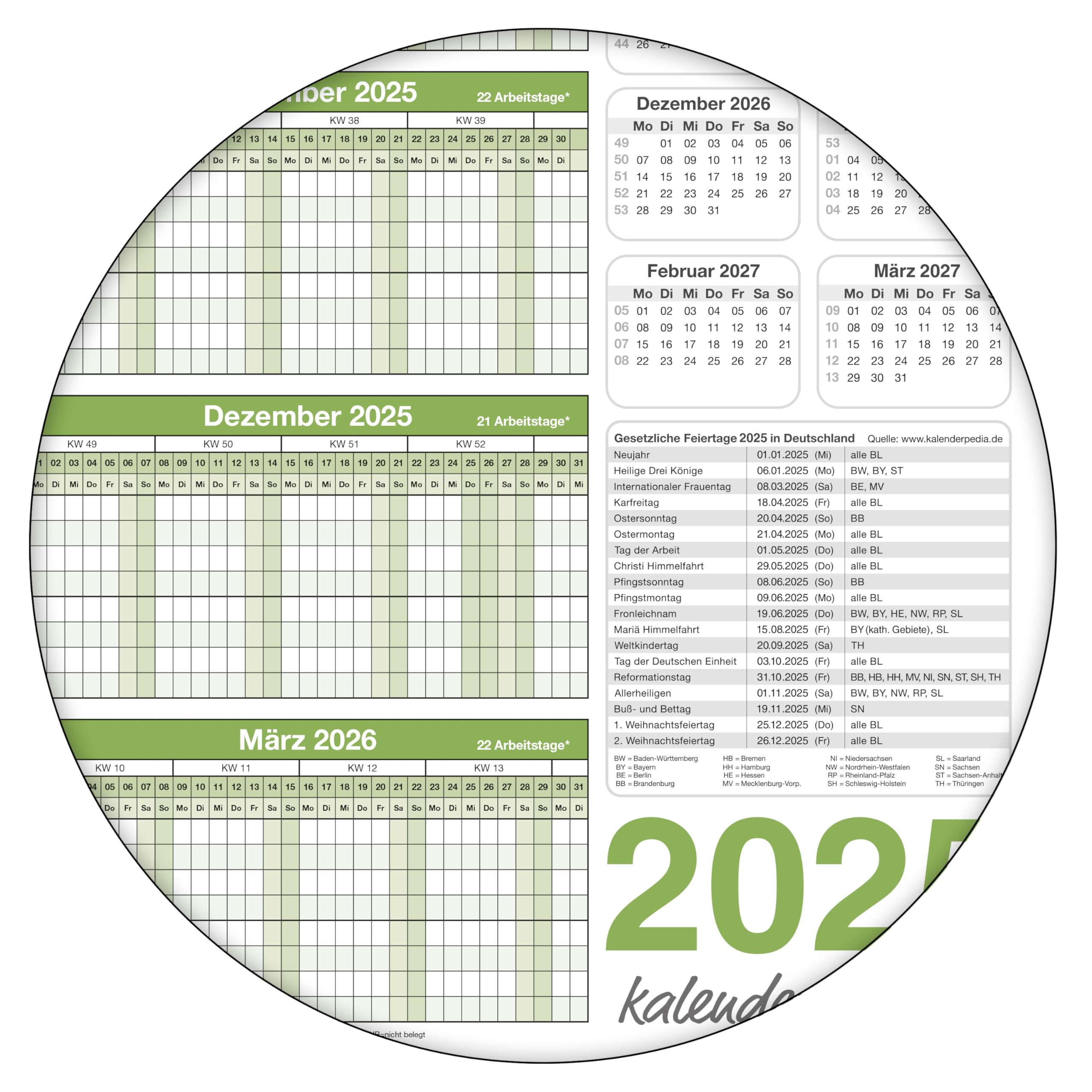 Personalplaner Urlaubsplaner 2025 feucht abwischbar DIN A2 59,4 x 42,0 CM für bis zu 8 Mitarbeiter grün GEROLLT