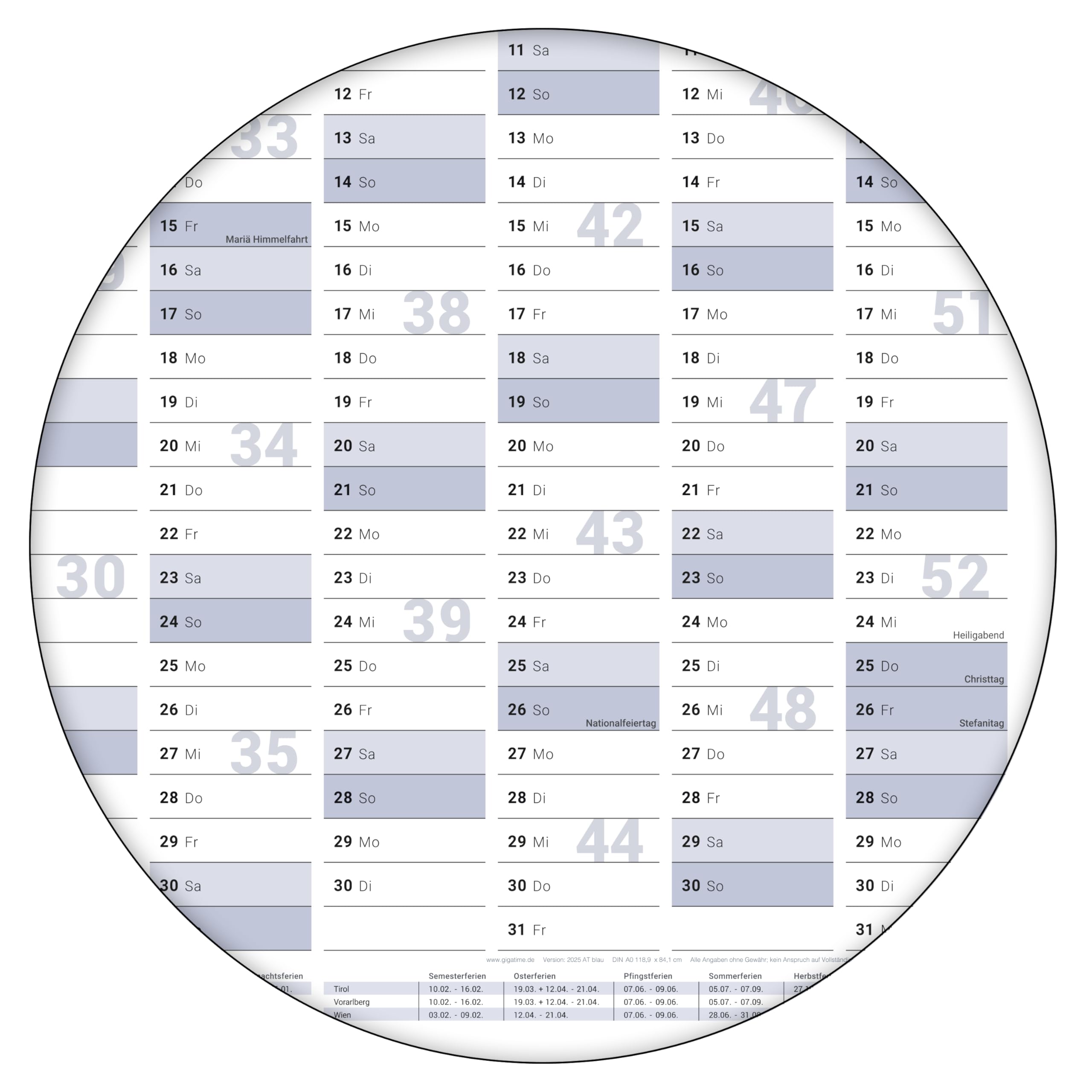 Gigatime ® Din A0 1x Österreichische Wandkalender, Jahresplaner 2025 118,8 x 84,0 cm xxl groß blaugrau feucht abwischbar mit 1 x 4 non permanent Markern und Schwamm