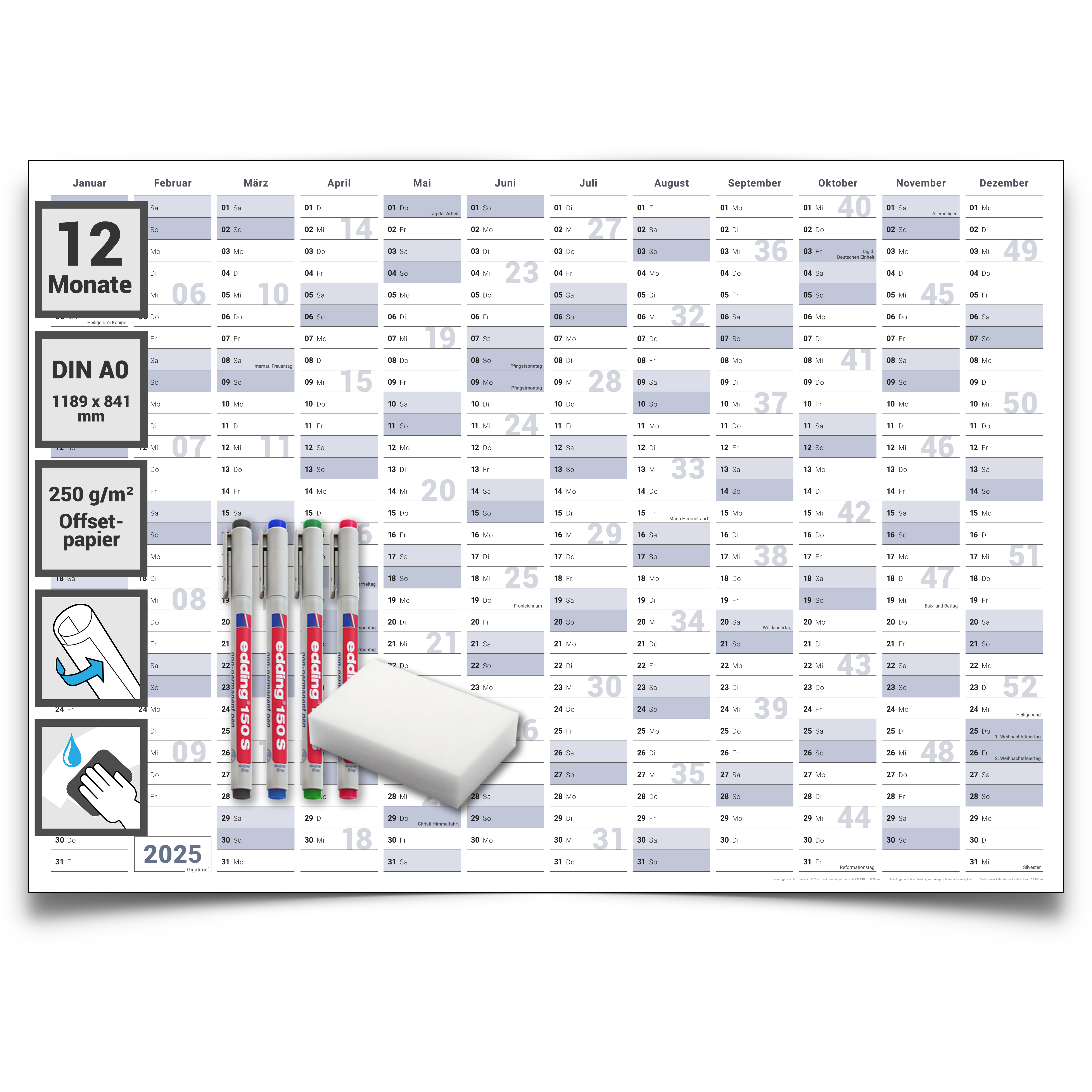 Abwischbarer XL Jahresplaner Wandkalender 2025. Wandplaner gerollt 118,8 x 84,0 cm gross DIN A0 inklusive 4 Marker. Jahreskalender 2025, Kalender - deutsche Sprache - von Gigatime