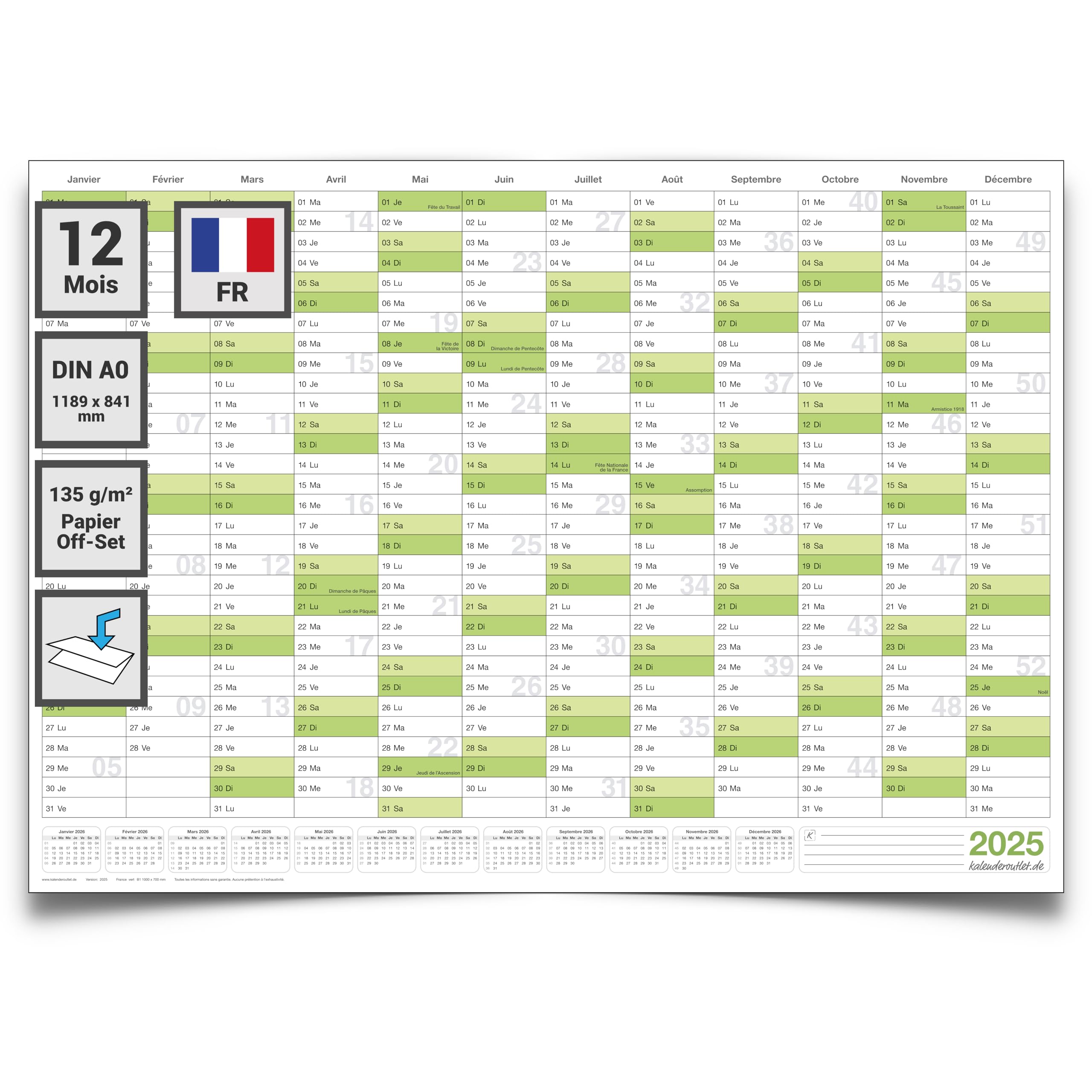 Calendrier mural/planificateur annuel vert XL 2025 grand format A0 118,8 x 84,0 cm matériau 135g/m2 impression de qualité plié calendrier annuel, calendrier - français