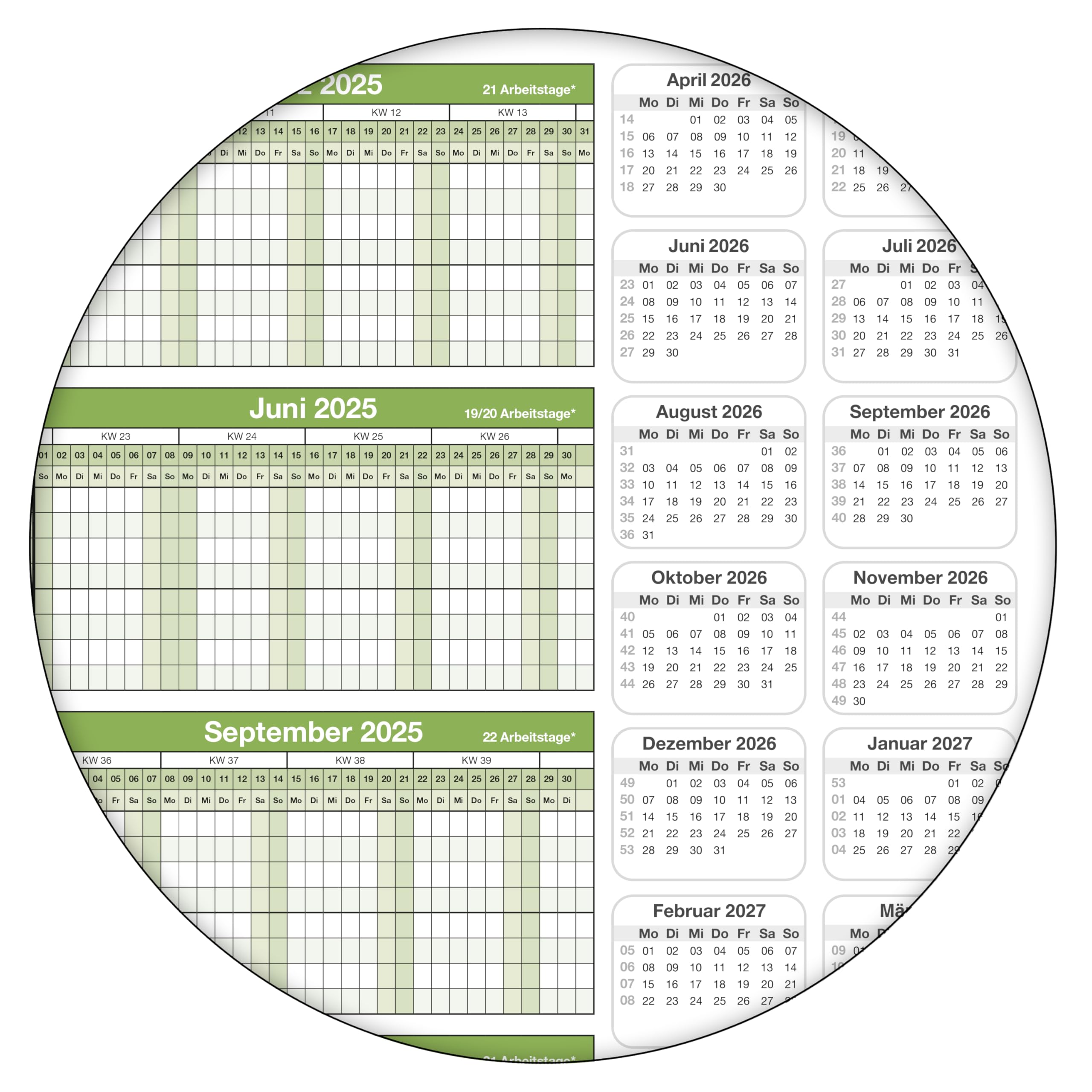 Personalplaner Urlaubsplaner 2025 feucht abwischbar DIN A2 59,4 x 42,0 CM für bis zu 8 Mitarbeiter grün GEROLLT