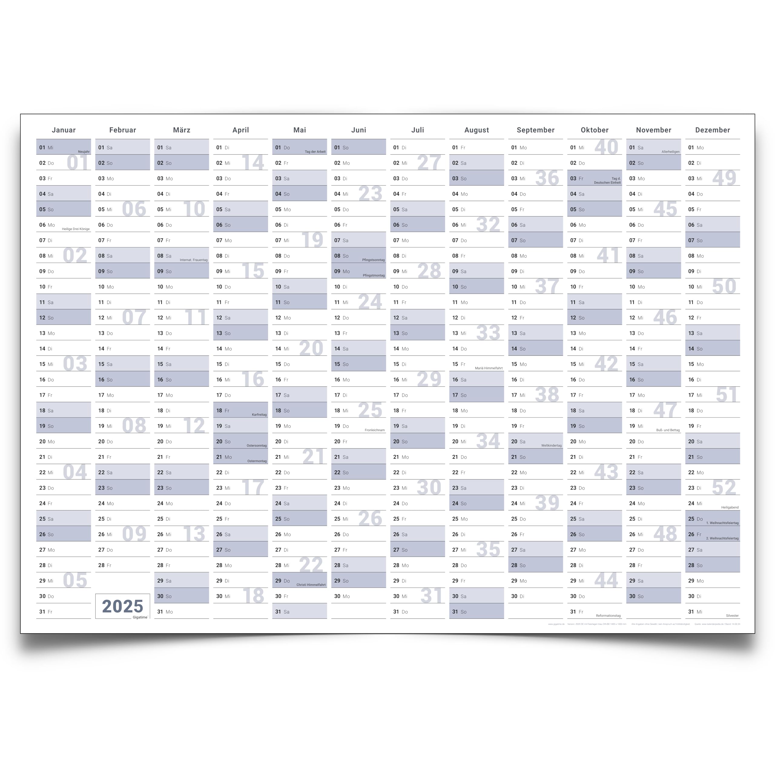 Gigatime Wandkalender Jahresplaner 2025 Format: DIN A3 42,0 x 29,7 cm blaugrau premium Qualität - deutsch