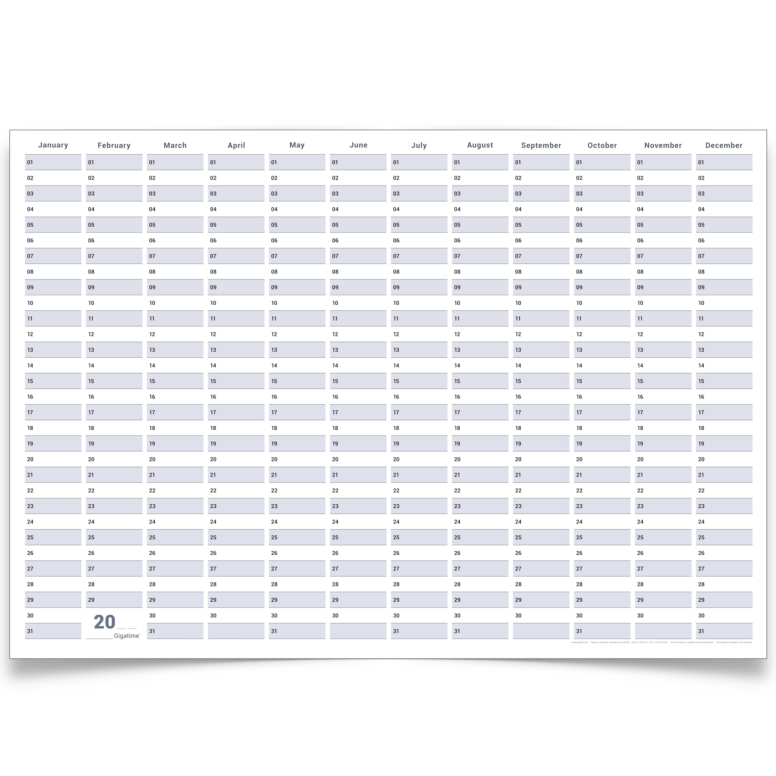 Dauerkalender / Geburtstagskalender Format DIN A3 42,0 x 29,7 cm mit Marker dauerhaft wiederverwendbar, Jahresplaner abwischbar - Englisch