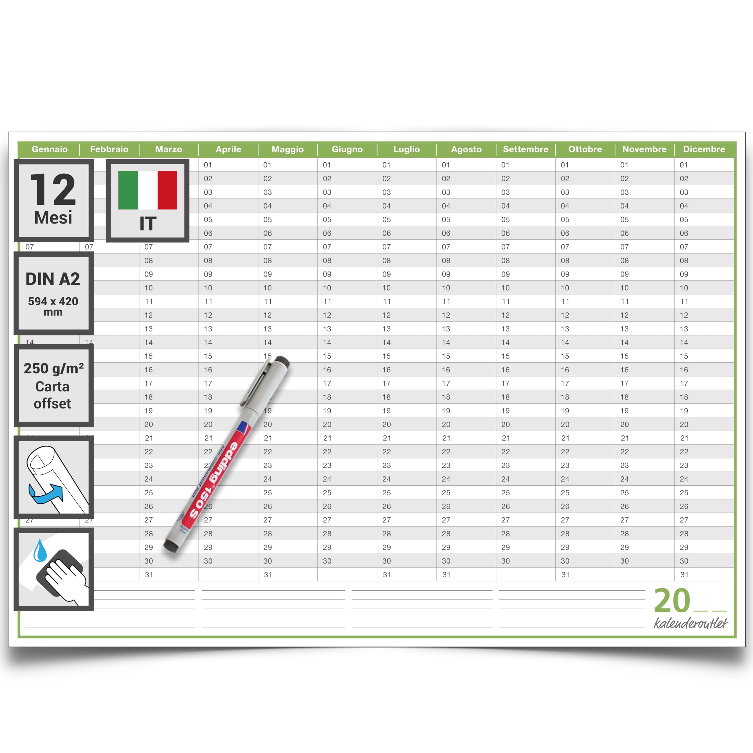 calendario permanente A2 59,4 x 42,0 cm lavabile, arrotolato - italiano 