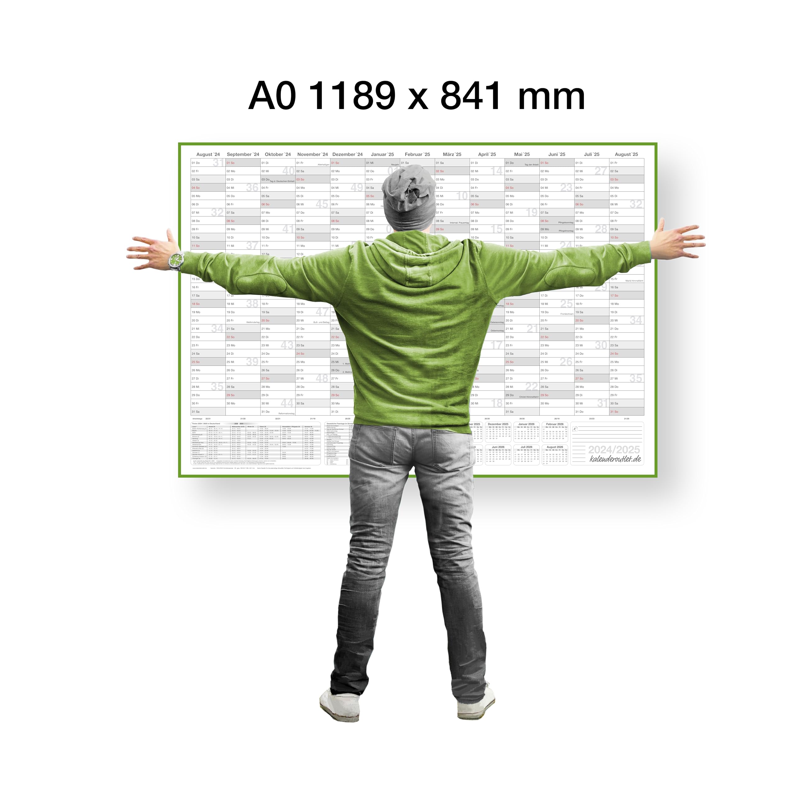 XL Schülerkalender 2024/2025 Jahresplaner grau Format: 118,8 x 84cm- DIN A0 - GEROLLT – Schuljahr 2024/25, Schuljahreskalender, Kalender für Schüler und Lehrer, Schulkalender Wandkalender - deutsch