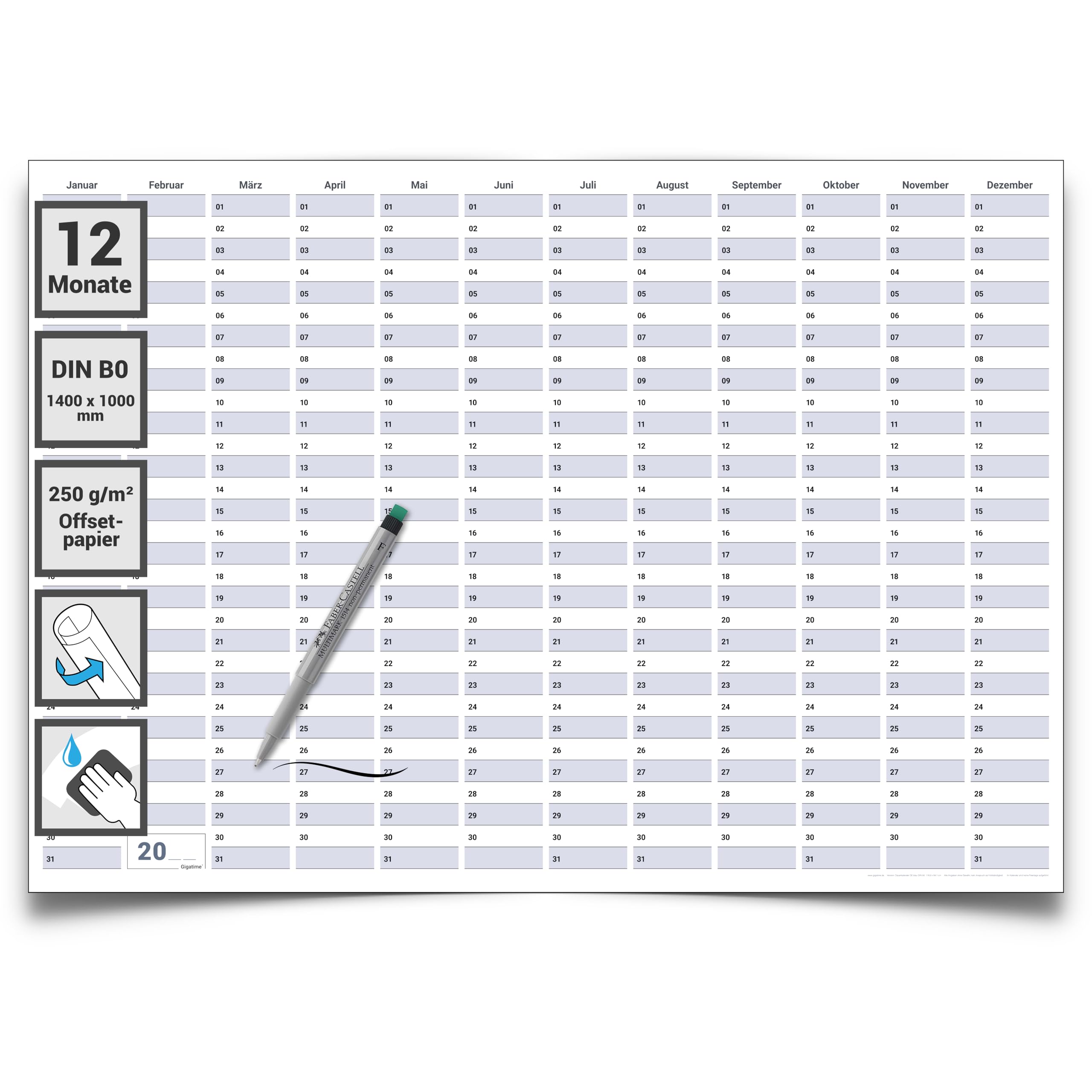Dauerkalender / Geburtstagskalender Format DIN B0 140,0 x 100,0 cm mit Marker dauerhaft wiederverwendbar, Jahresplaner abwischbar - deutsch 