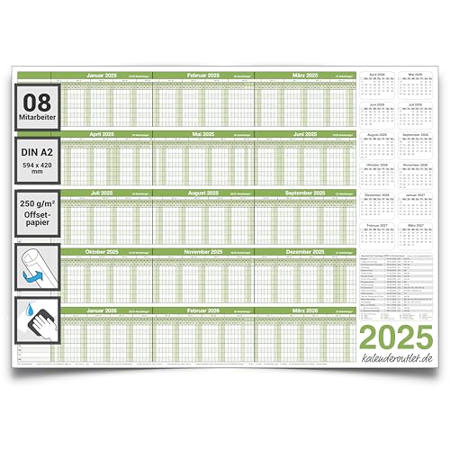 Personalplaner Urlaubsplaner 2025 feucht abwischbar DIN A2 59,4 x 42,0 CM für bis zu 8 Mitarbeiter grün GEROLLT