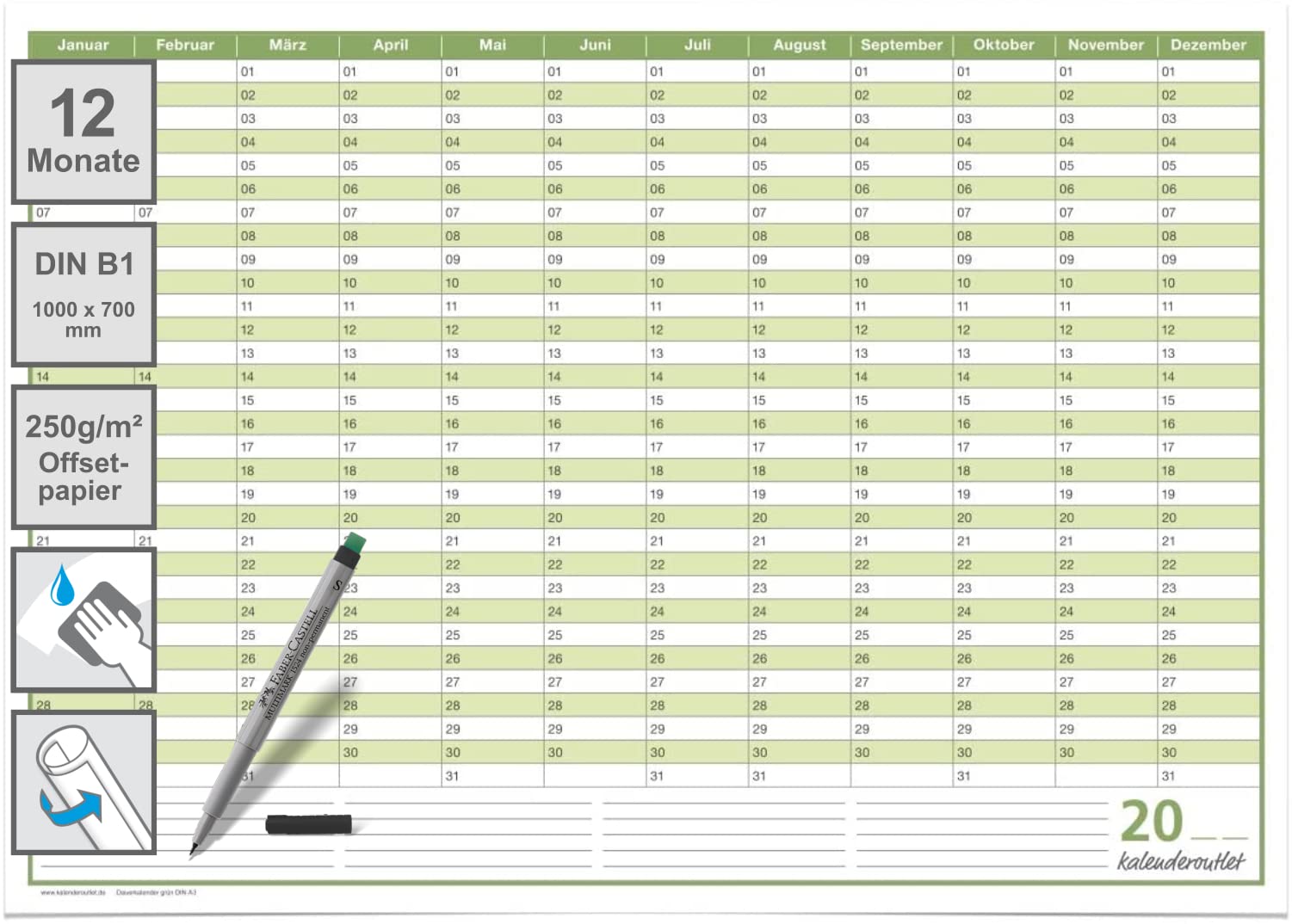 Mega Dauerkalender, super groß, DIN B1 , 250 gr. Premium Qualitätspapier, feucht abwischbar mit 1 Faber-Castell non-permanent Marker