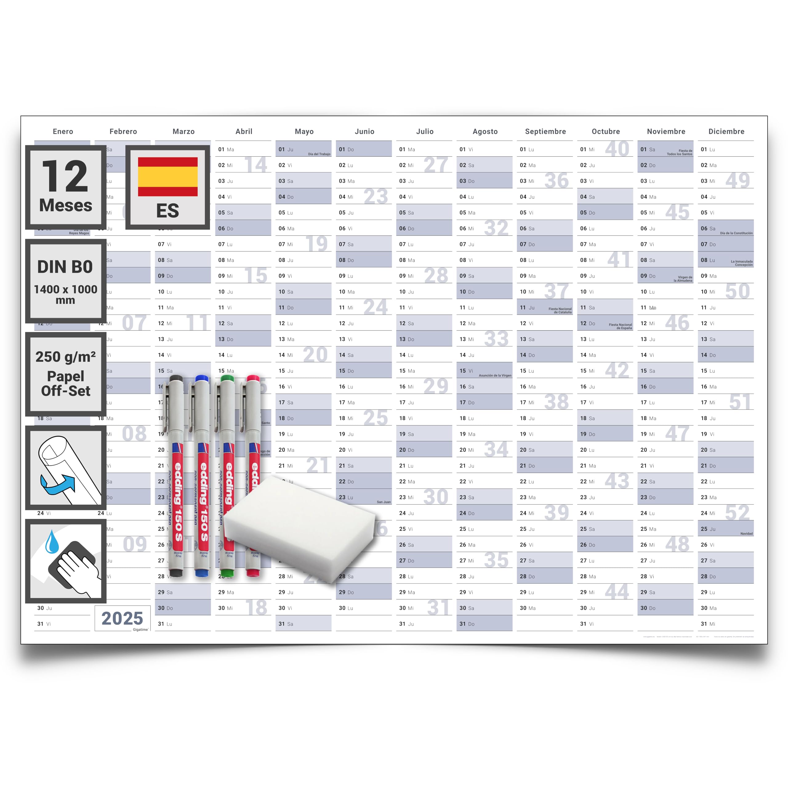 calendario mural/anual 2025 Formato: DIN B0 140,0 x 100,0 cm, azul/gris, lavable con agua con 1 x 4 rotuladores no permanentes con esponja - Español