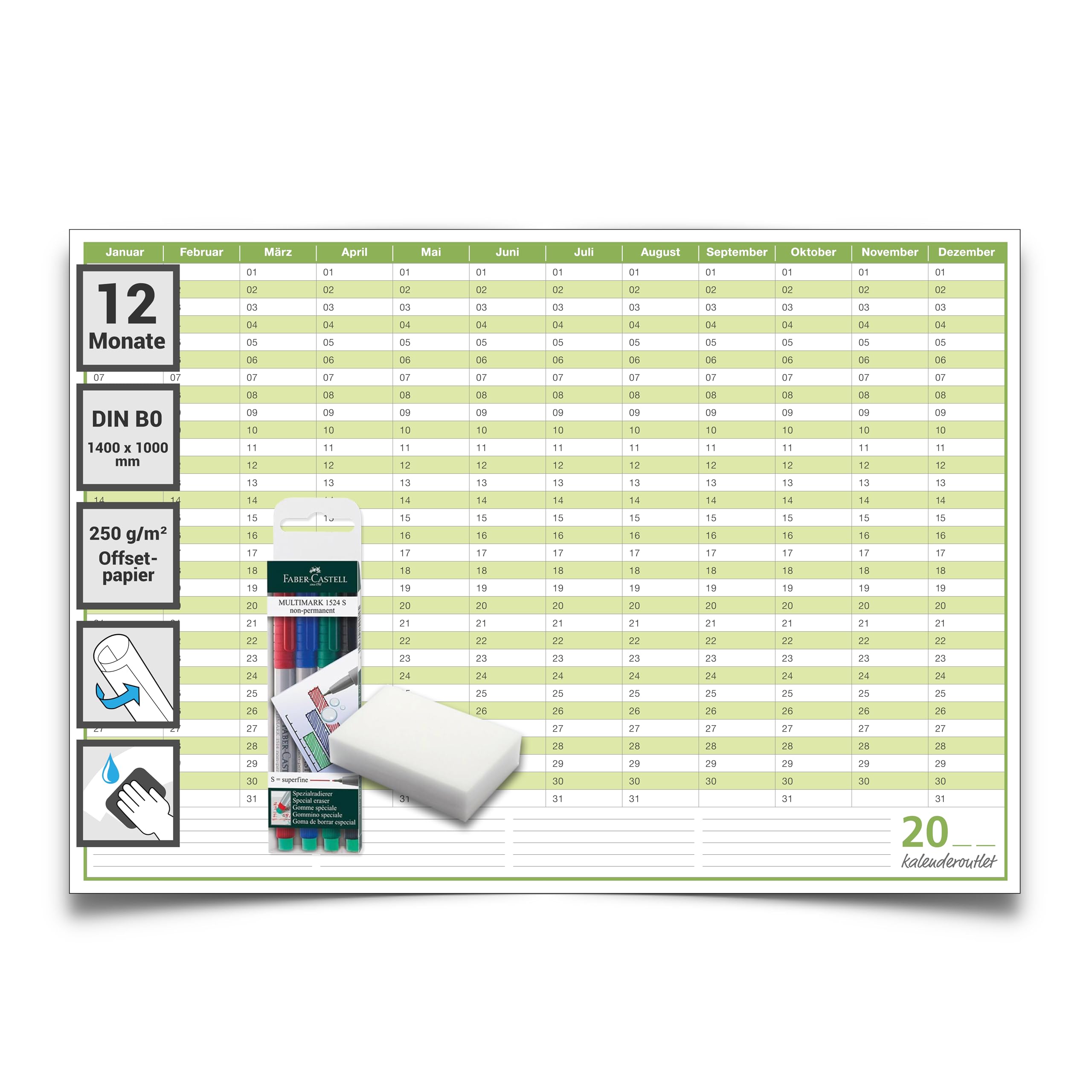 Dauerkalender, Geburtstagskalender, immerwährender Kalender, DIN A2 59,4 x 42,0 cm, 250 gr. Premium Qualitätspapier, feucht abwischbar, mit 1 non-permanent Marker 