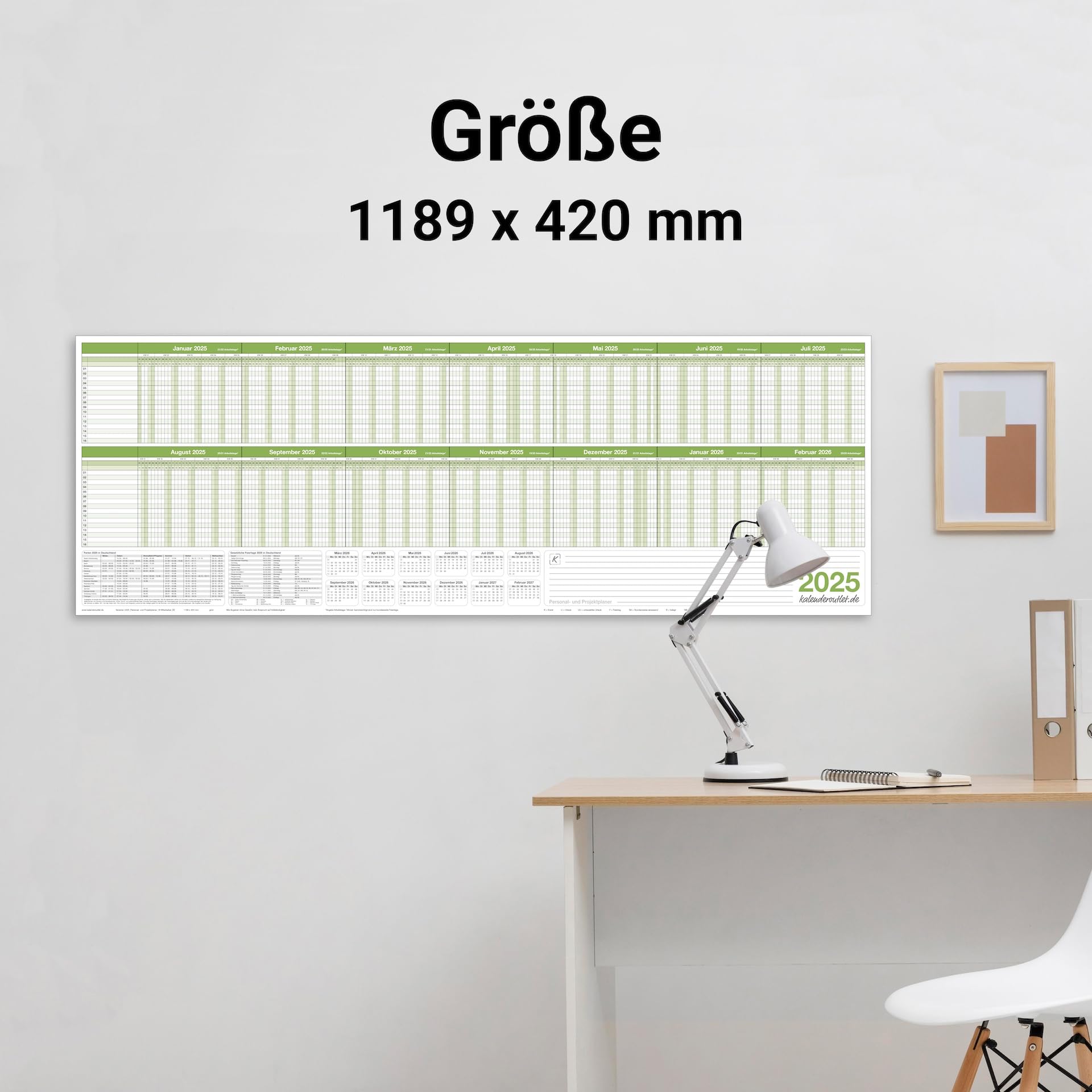 Personalplaner Urlaubsplaner 2025 feucht abwischbar 118,8 x 42,0 cm für bis zu 16 Mitarbeiter grün GEROLLT