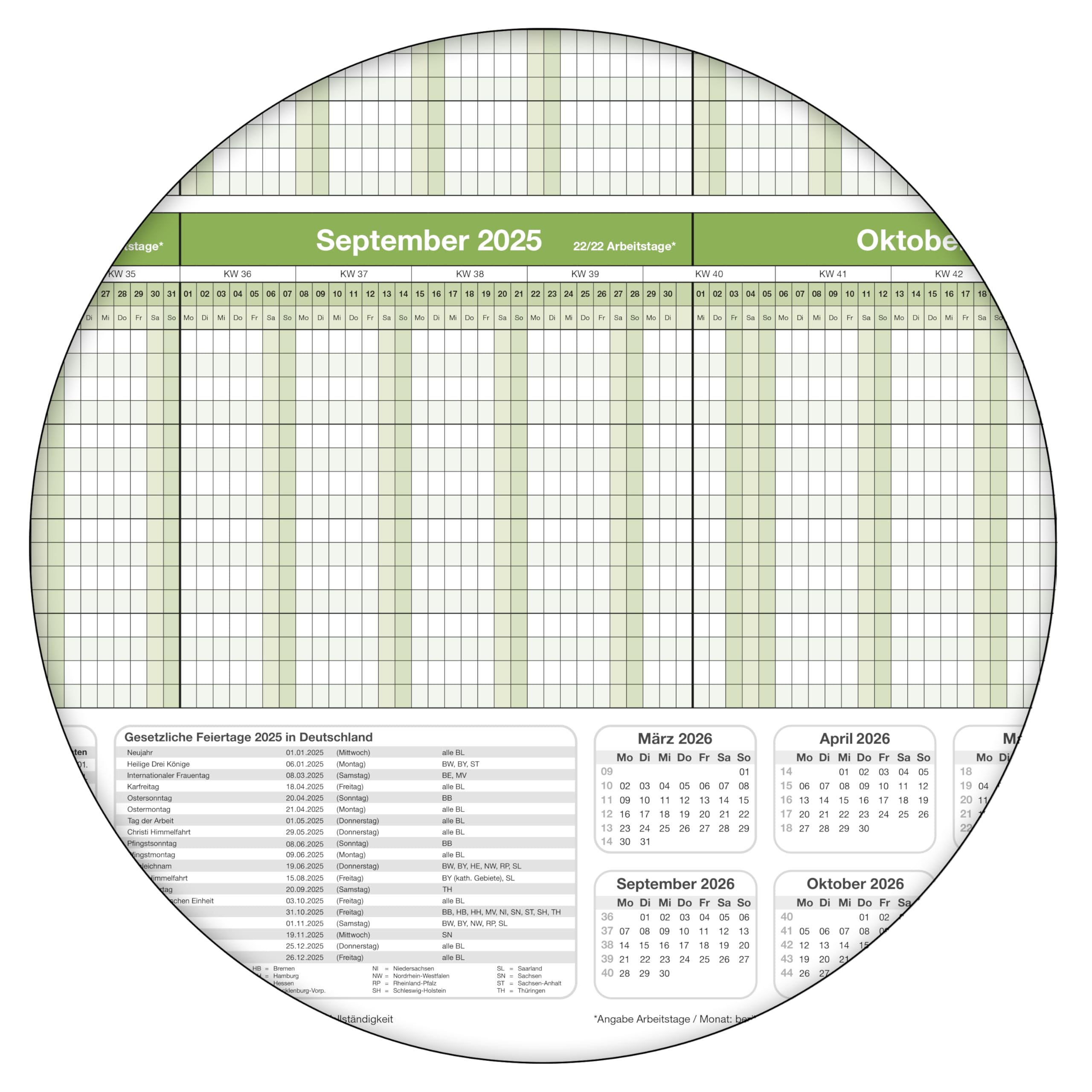 Personalplaner Urlaubsplaner 2025 feucht abwischbar 118,8 x 42,0 cm für bis zu 16 Mitarbeiter grün GEROLLT