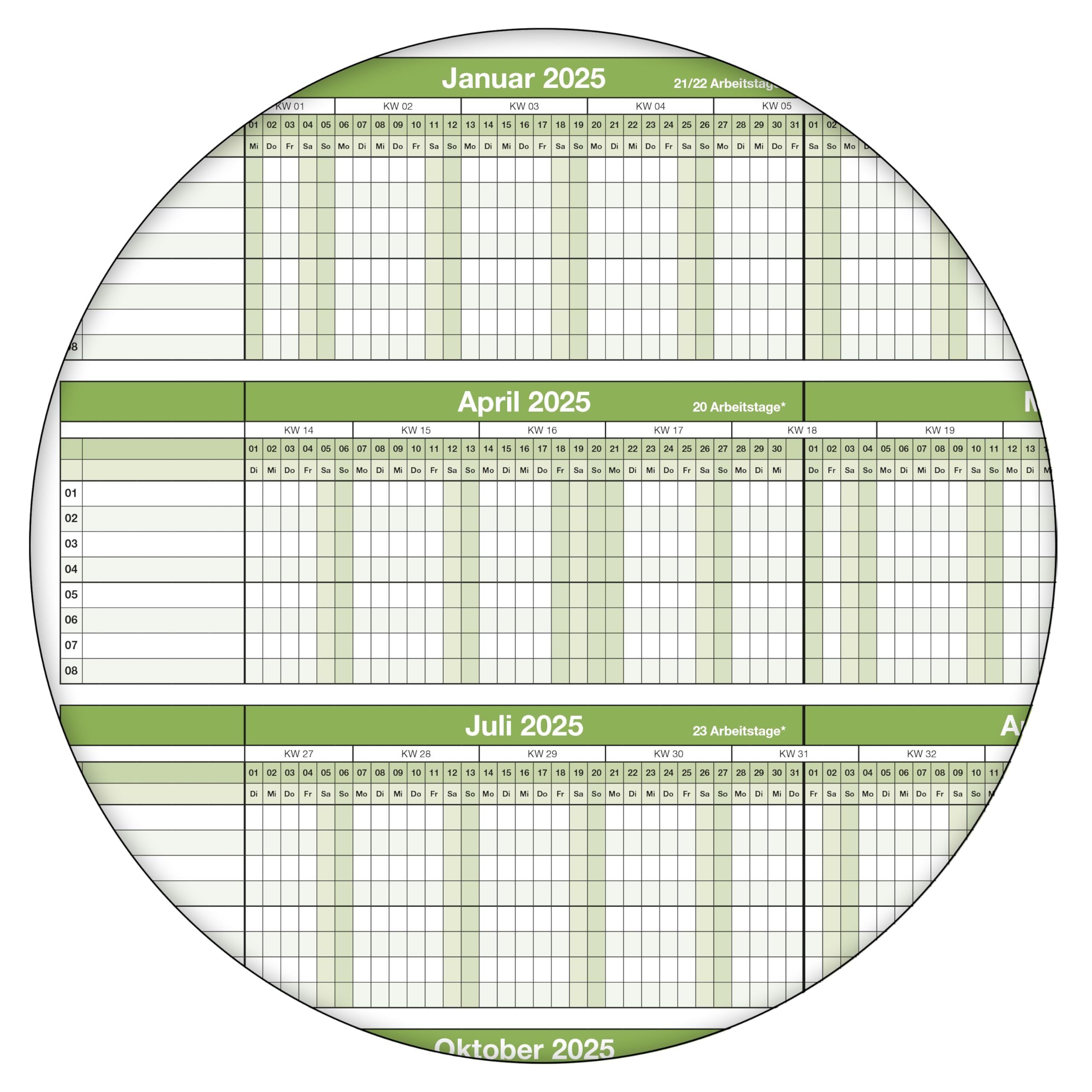 Personalplaner Urlaubsplaner 2025 feucht abwischbar DIN A2 59,4 x 42,0 CM für bis zu 8 Mitarbeiter grün GEROLLT