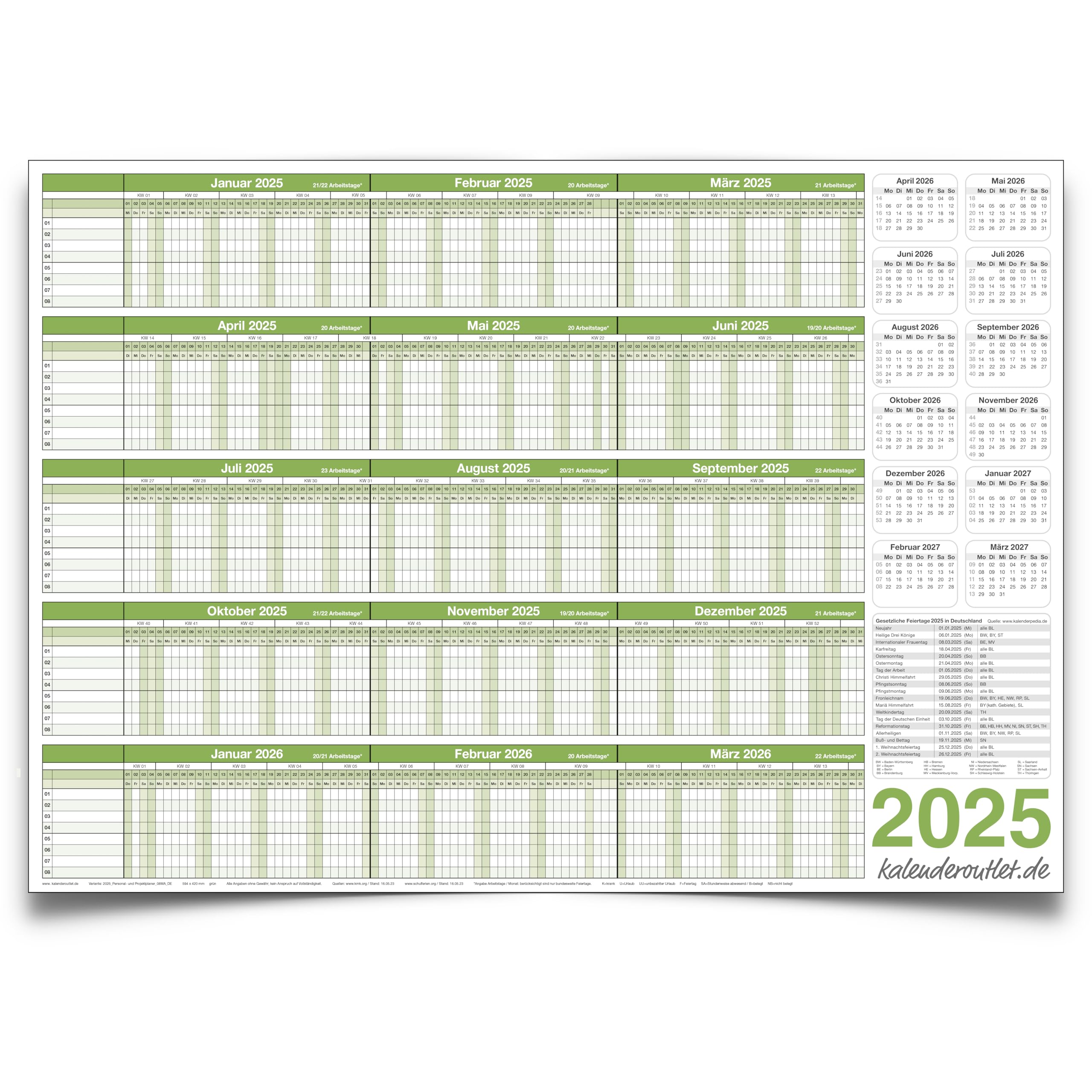 Personalplaner Urlaubsplaner 2025 feucht abwischbar DIN A2 59,4 x 42,0 CM für bis zu 8 Mitarbeiter grün GEROLLT