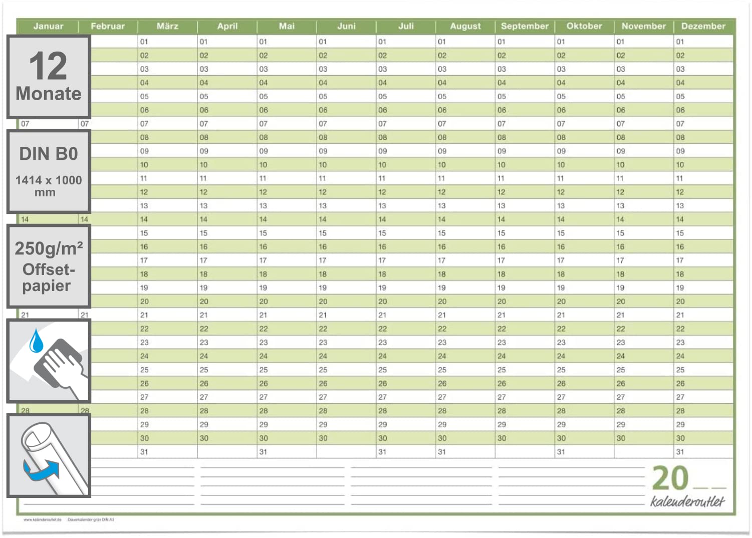 XXL Dauerkalender, super groß, DIN B0 140 x 100 cm, 250 gr. Premium Qualitätspapier, feucht abwischbar 