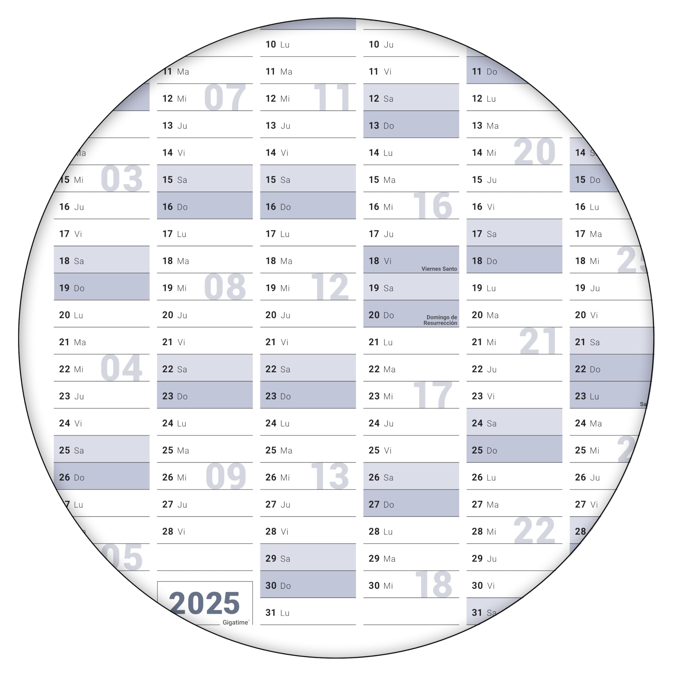 Gigatime Din A0 5 x calendario de pared XL 2025 planificador anual formato: 118,8 x 84,0cm- plegado - planificador de pared, calendario anual, calendario, poster - Espanol