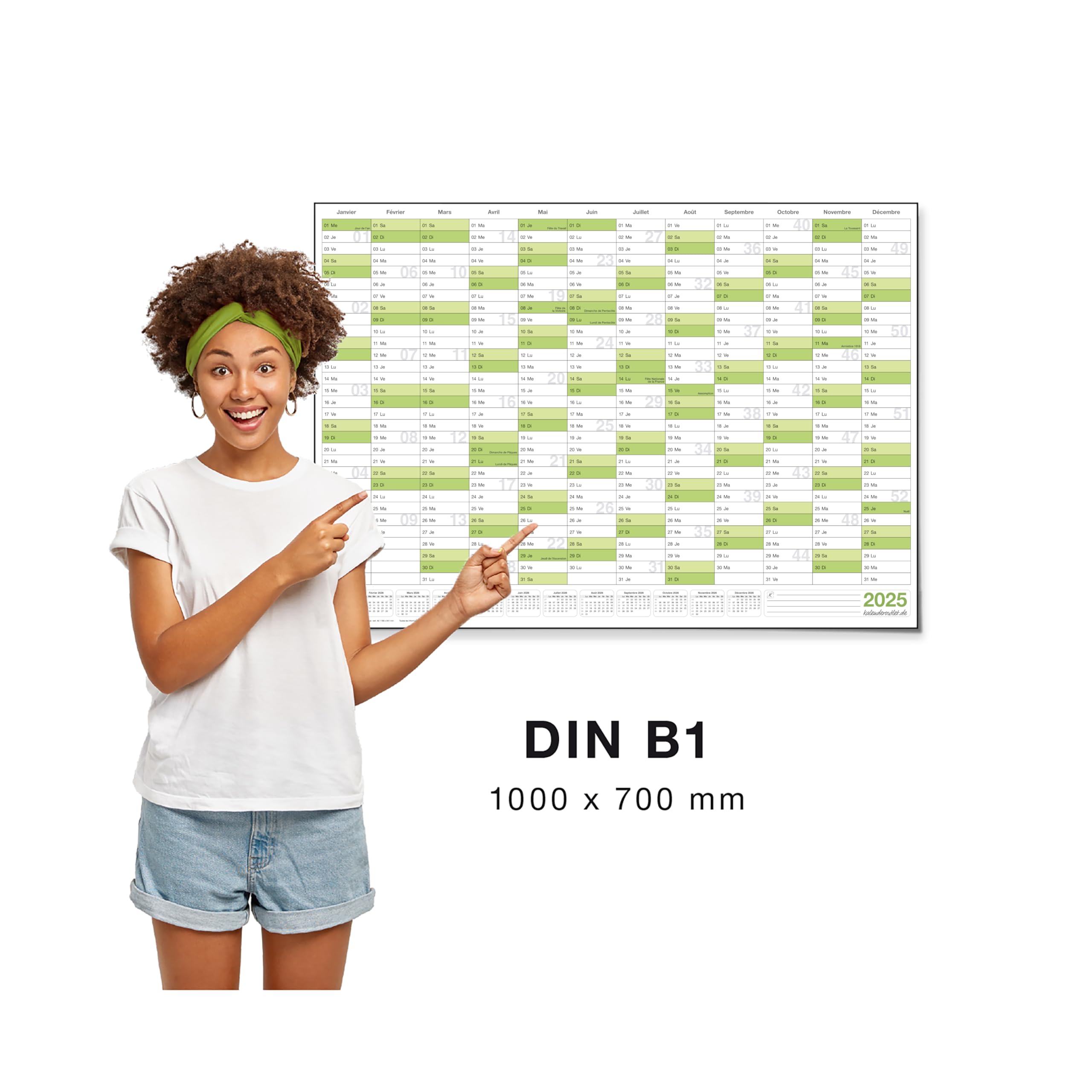 1 Agenda mural effaçable Calendrier mural planner vert 2025 (100,0 x 70,0 cm avec 1 x 4 marqueurs) enroulé - calendrier mural, calendrier annuel, calendrier - français