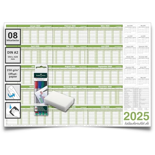 Personalplaner Urlaubsplaner 2025 Planer ist feucht abwischbar DIN A2 59,4 x 42,0 CM für bis zu 8 Mitarbeiter mit 4 non-permanent Markern GEROLLT