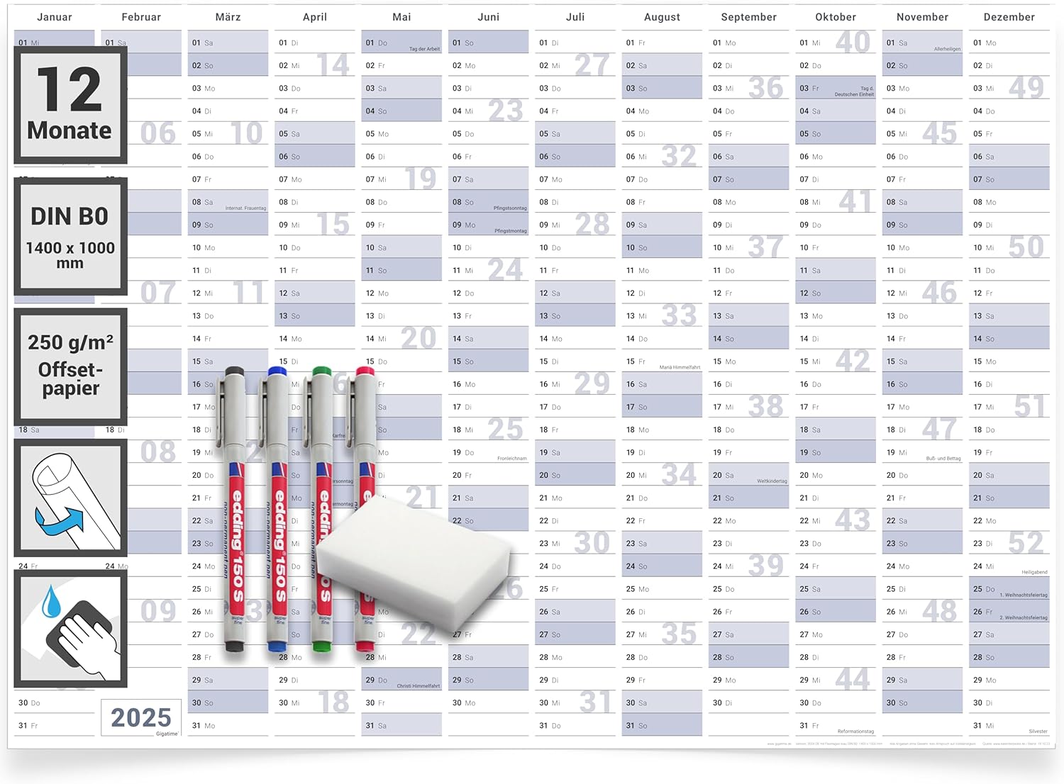 Abwischbarer XXL Jahresplaner Wandkalender 2025. Wandplaner gerollt 140x100cm gross DIN B0 inklusive 4er Stifte-Set, Schwamm. Jahreskalender 2025, Kalender - deutsche Sprache - von Gigatime|