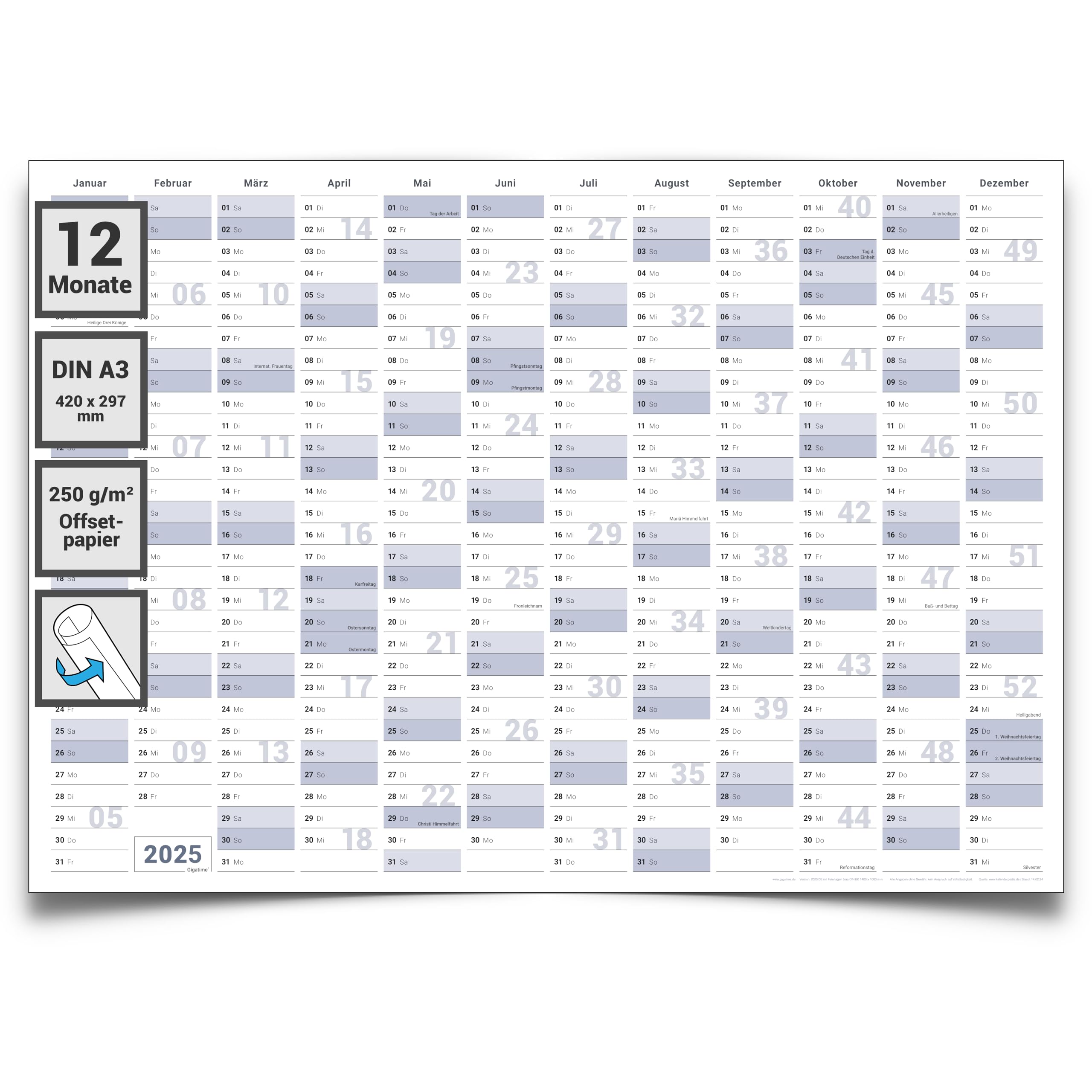 Gigatime Wandkalender Jahresplaner 2025 Format: DIN A3 42,0 x 29,7 cm blaugrau premium Qualität - deutsch