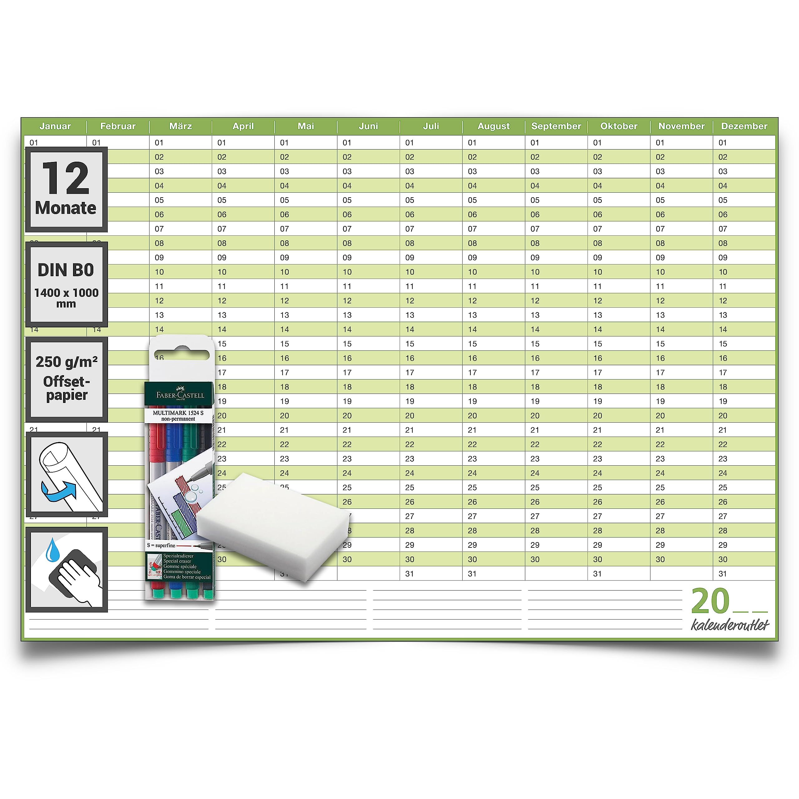 XXL Dauerkalender, super groß, DIN B0 140 x 100 cm, 250 gr. Premium Qualitätspapier, feucht abwischbar mit 4 non-permanent Markern und Schwamm