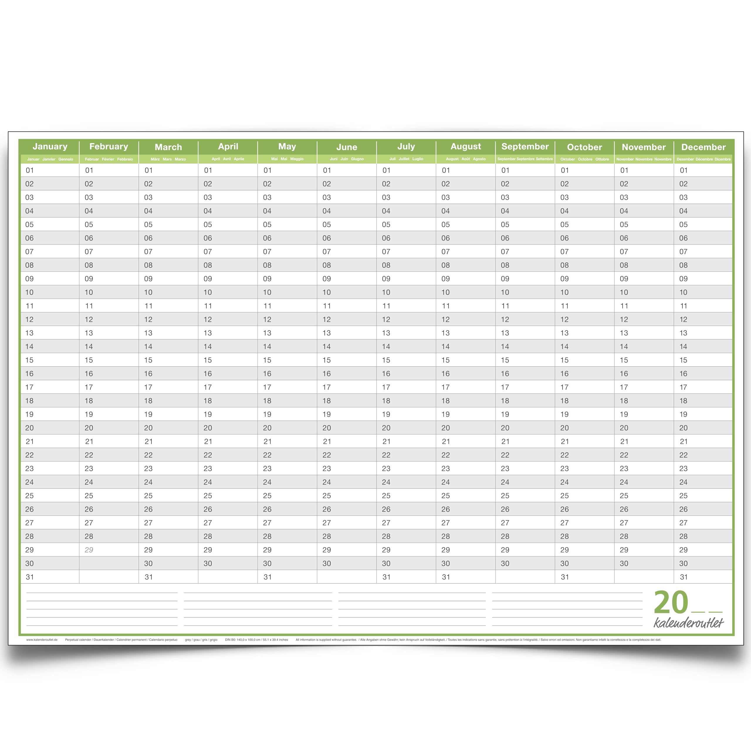 Abwischbarer Dauerkalender Geburtstagskalender immerwährender ewiger Kalender Jahresplaner (100x70cm - DIN B1) inkl. 1 Marker - GEROLLT –viersprachig 