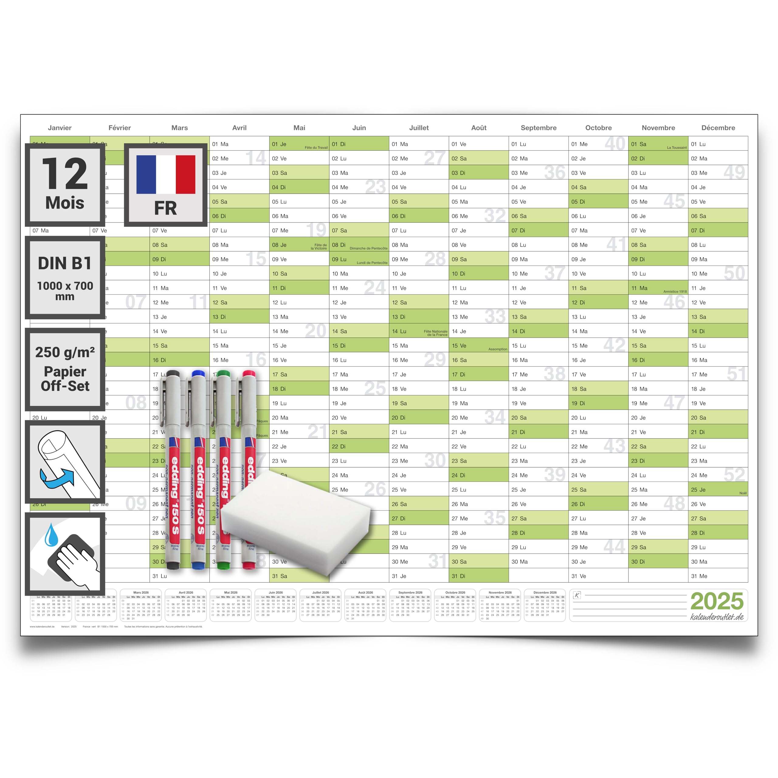 1 Agenda mural effaçable Calendrier mural planner vert 2025 (100,0 x 70,0 cm avec 1 x 4 marqueurs) enroulé - calendrier mural, calendrier annuel, calendrier - français