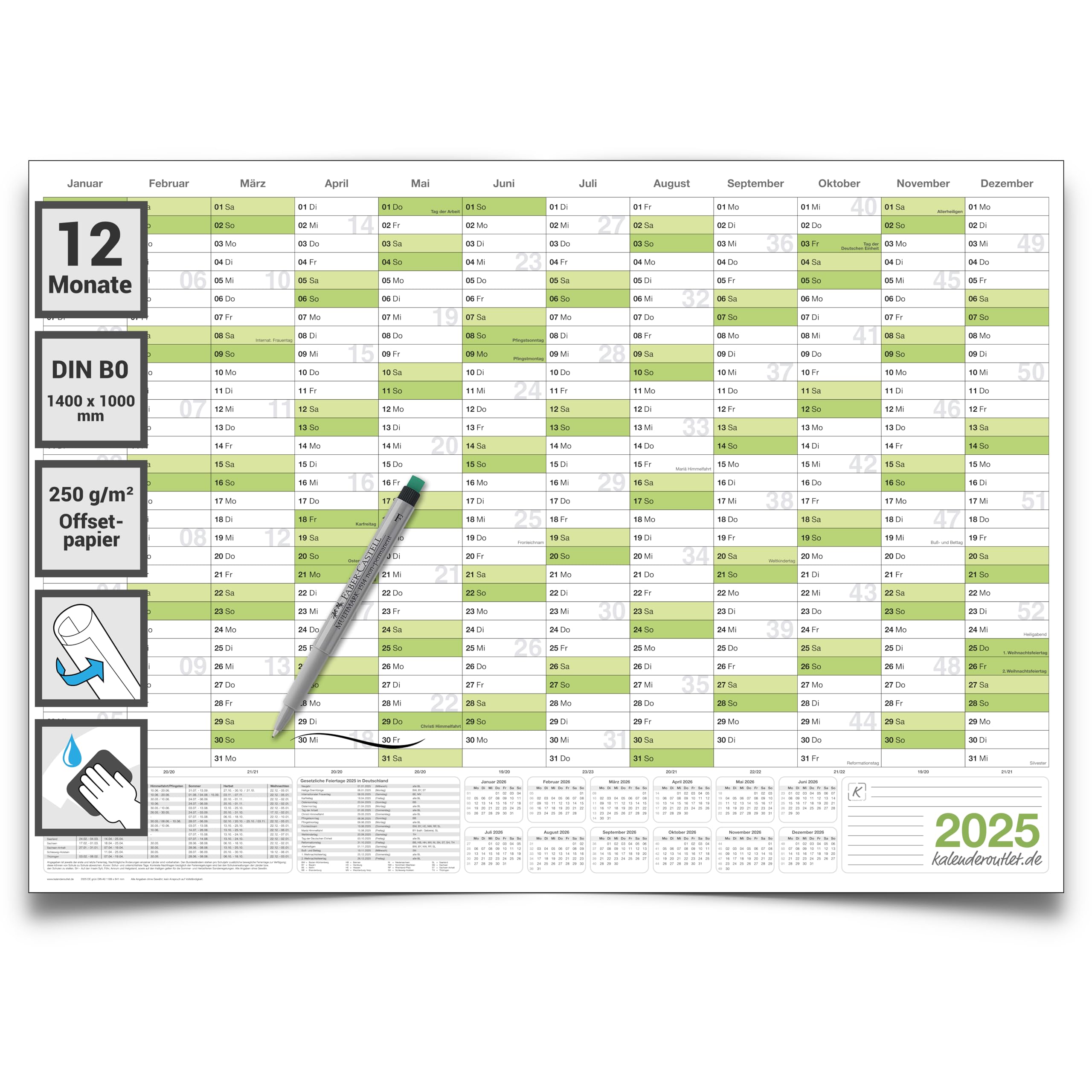 Abwischbarer XXL Wandkalender 2025 grün Jahresplaner Format: 140x100cm – DIN B0 inkl. 1 Marker- GEROLLT – Wandplaner, Jahreskalender, Kalender, Poster Plakat - deutsch
